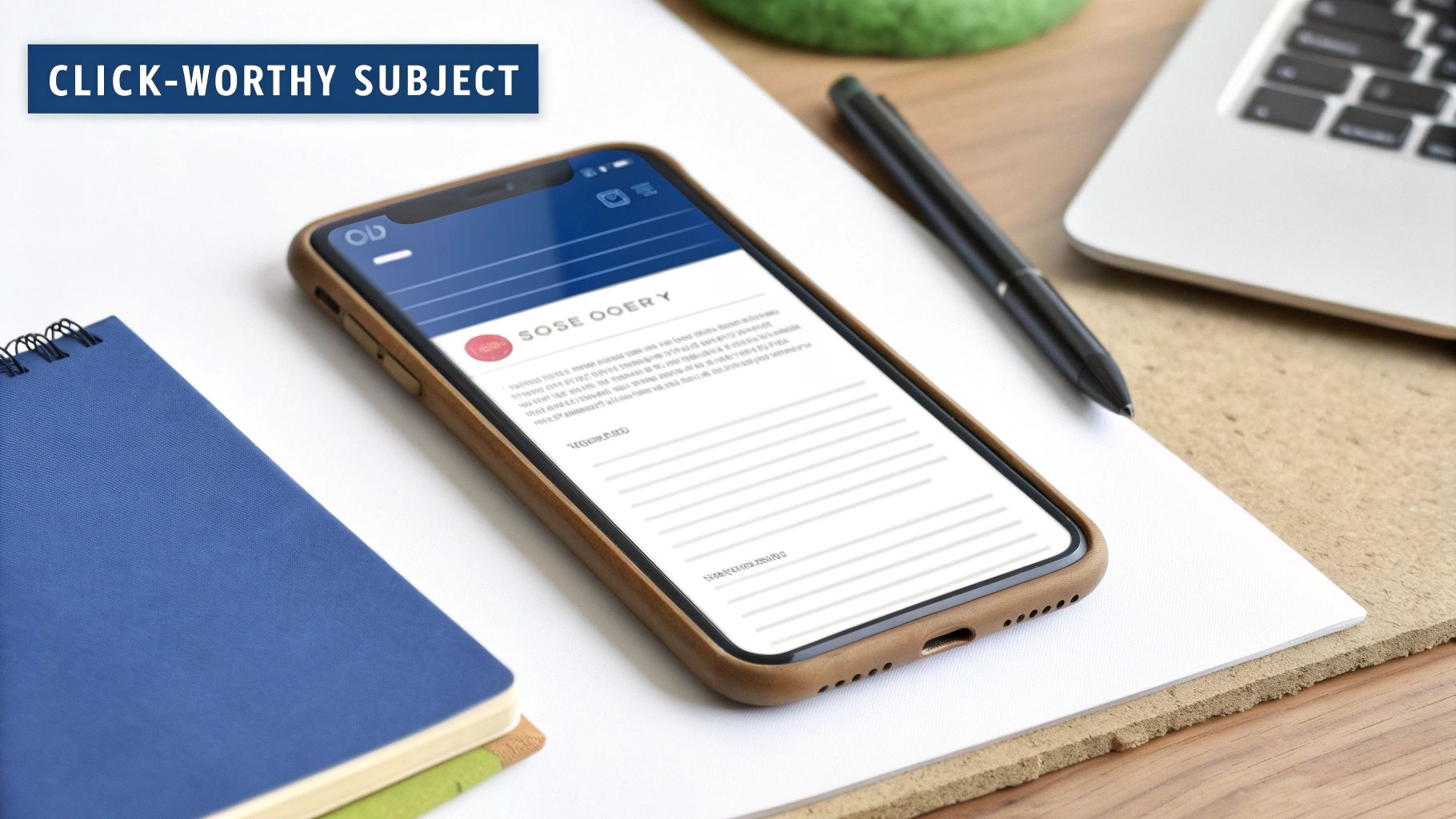 Smartphone displaying email with click-worthy subject line on desk with notebook and pen