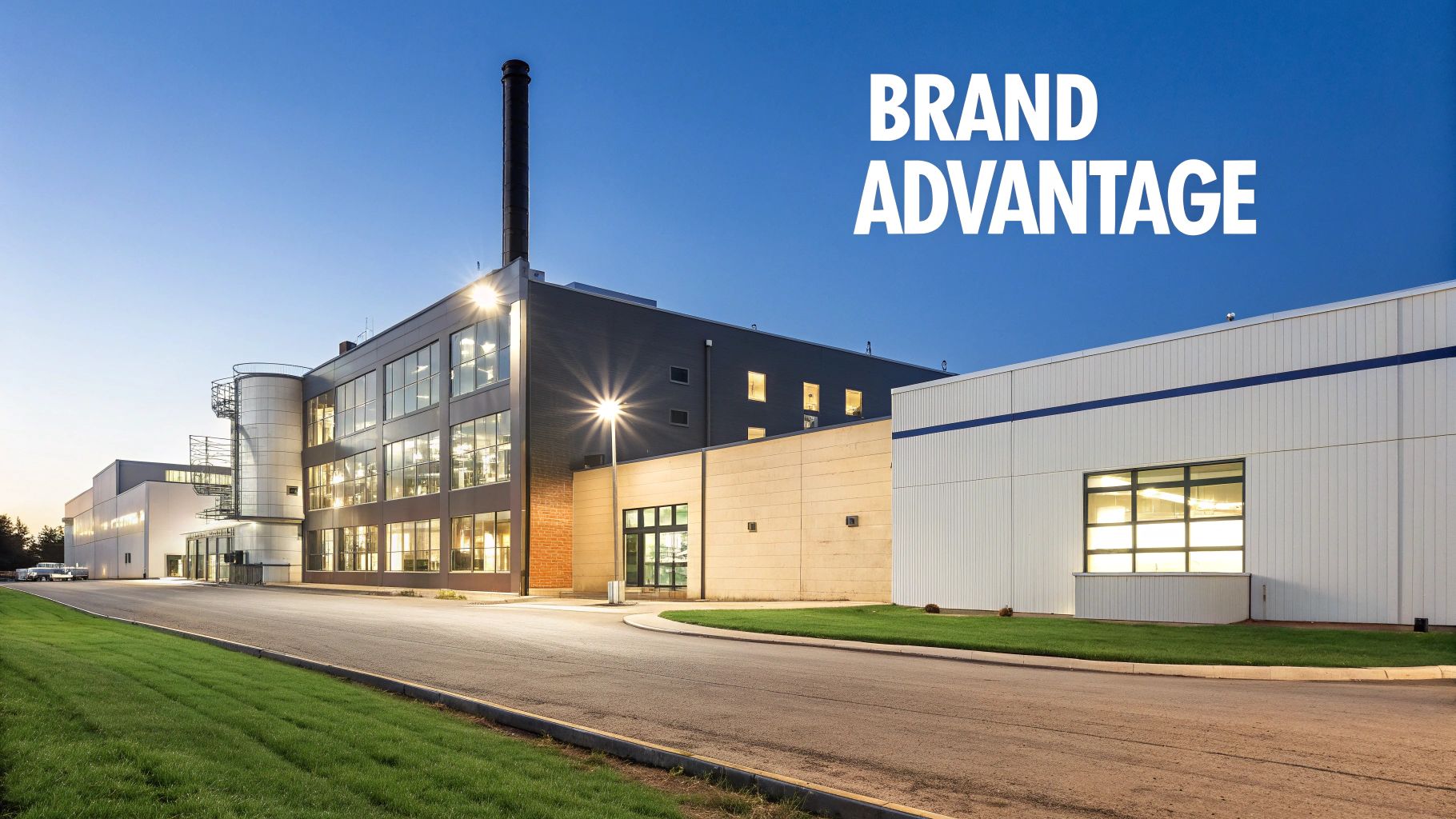 Spacious modern industrial complex with illuminated windows and a tall smokestack against a blue sky.