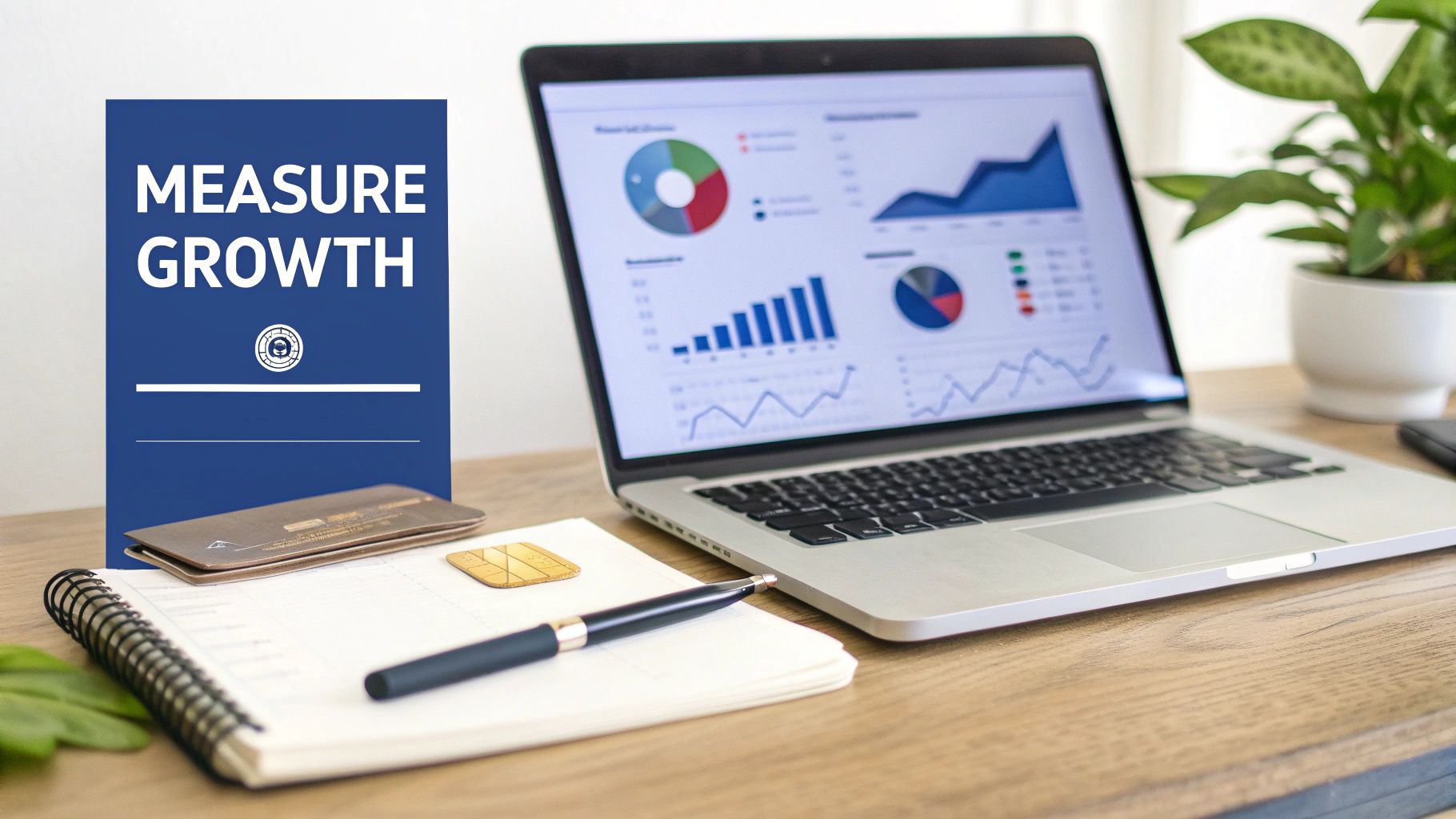 Laptop displaying business analytics dashboard with charts and graphs on wooden desk with notebook