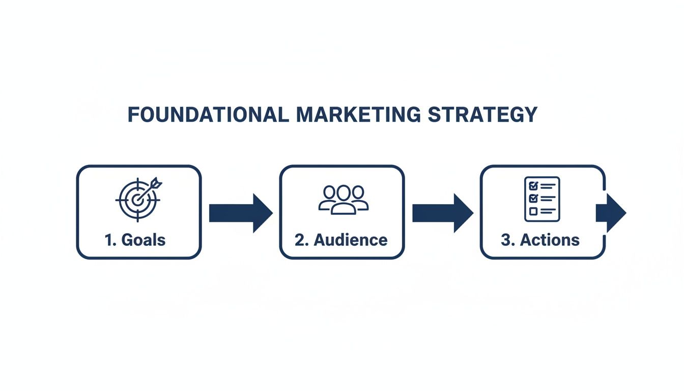 A foundational marketing strategy flowchart outlining three steps: Goals, Audience, and Actions.