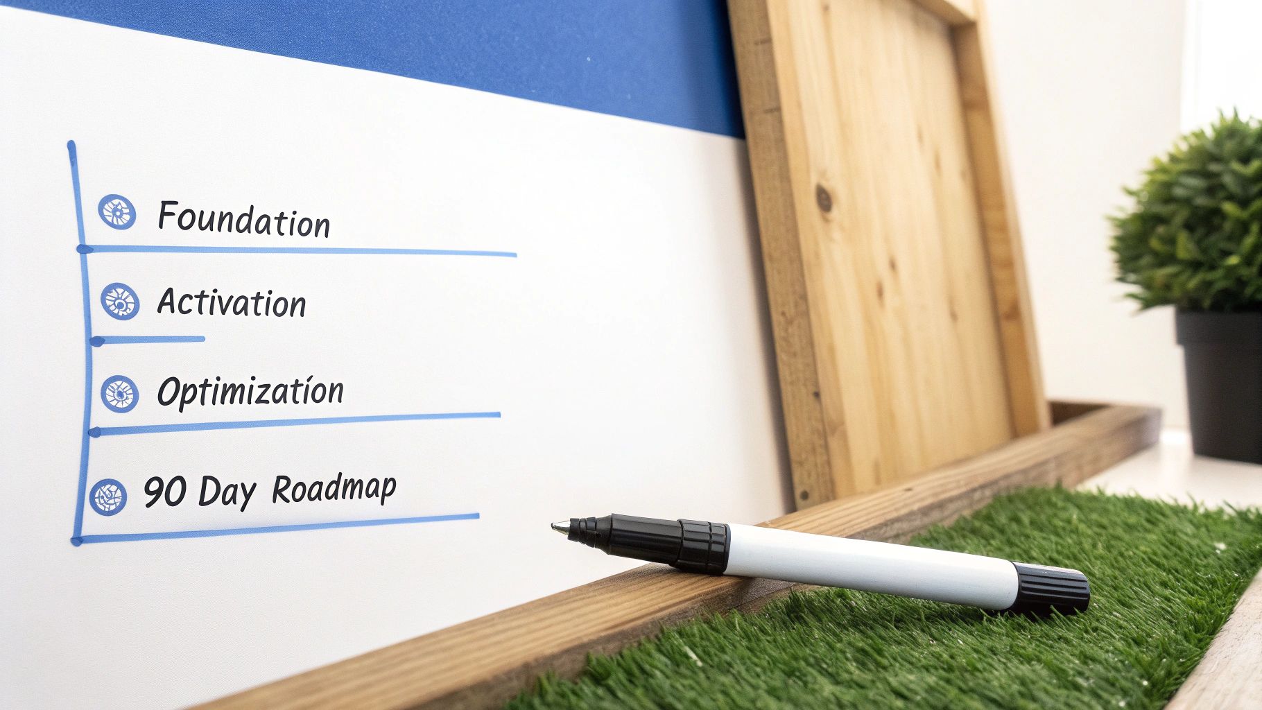 A whiteboard displays a strategic plan including Foundation, Activation, Optimization, and a 90 Day Roadmap.