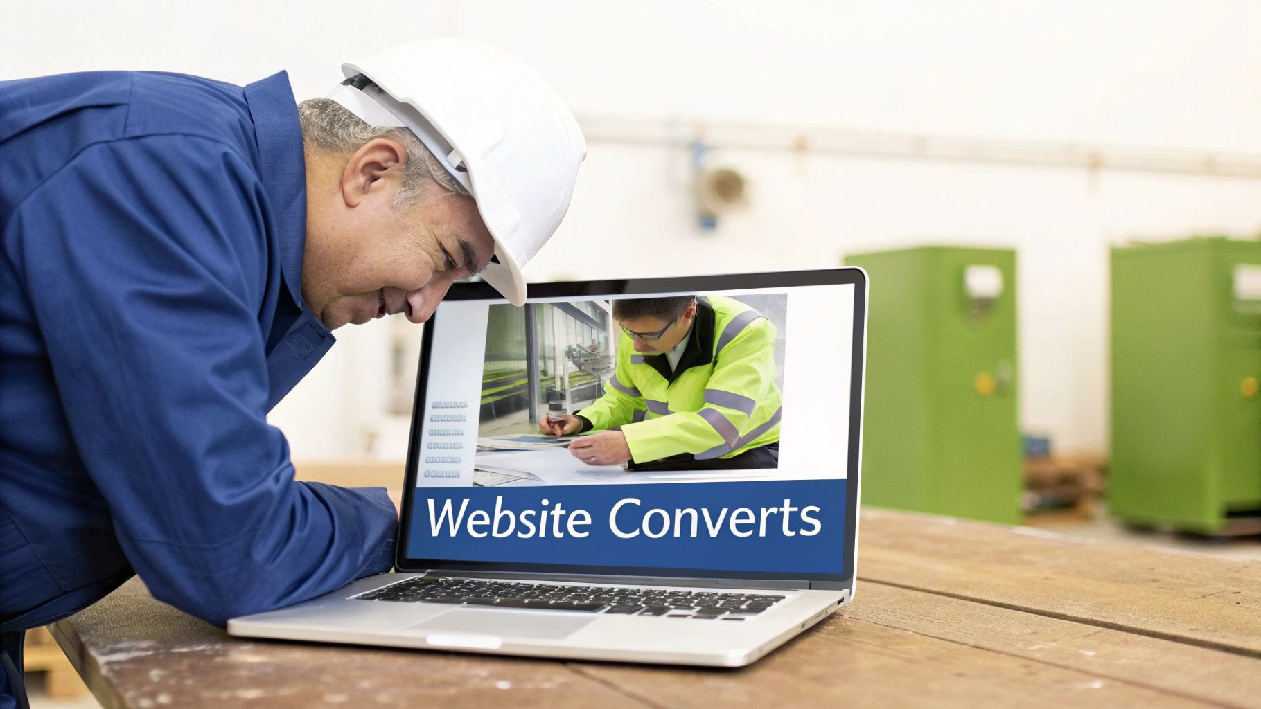 A construction worker in a hard hat views a laptop showing a video and 'Website Converts' text.