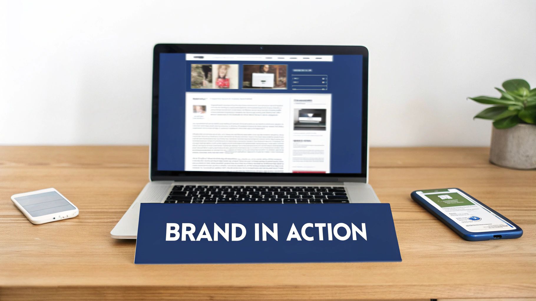 A laptop displaying a webpage, two smartphones, and a 'BRAND IN ACTION' sign on a wooden desk.