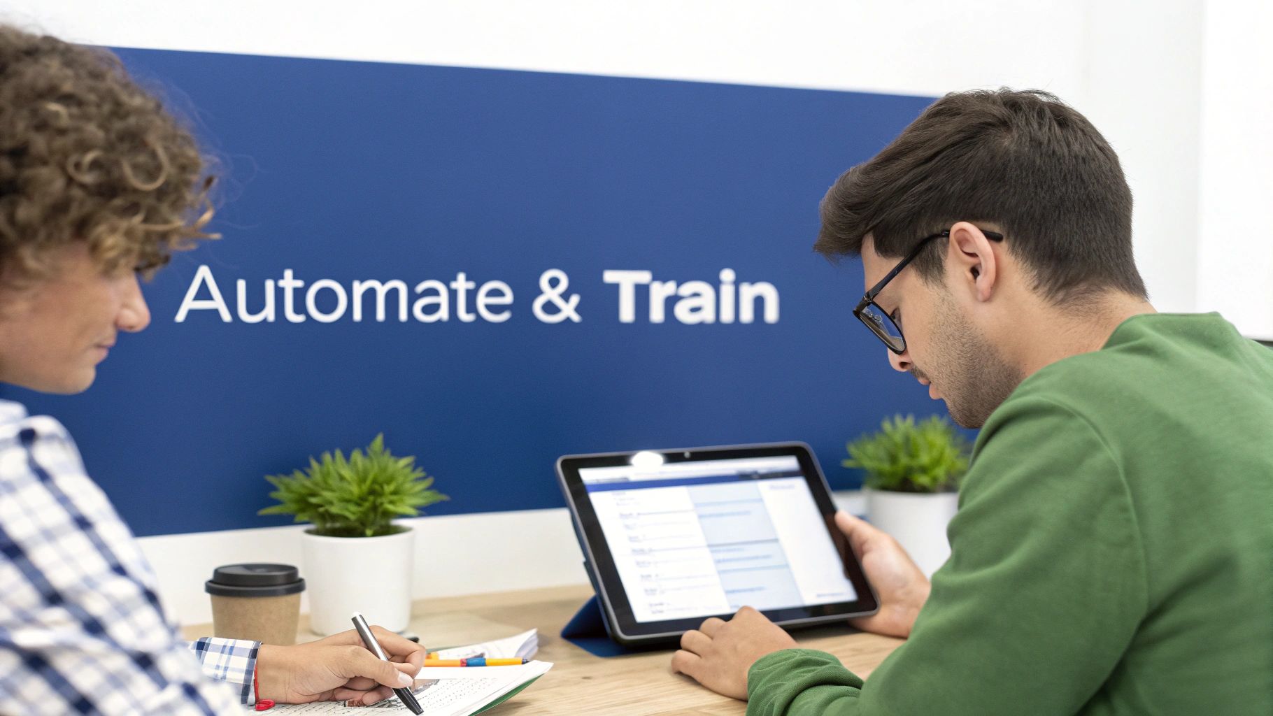 Two people collaborating at a desk, one writing and the other using a tablet, with 'Automate & Train' on the wall.