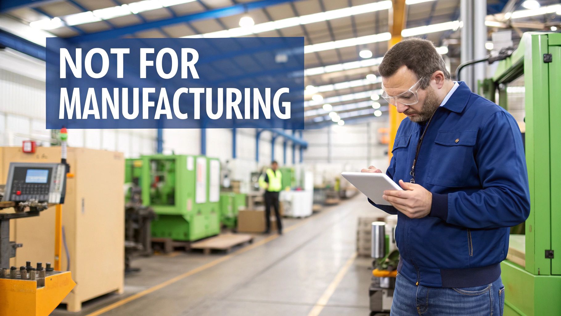Text 'NOT FOR MANUFACTURING' over a worker in safety glasses viewing a tablet in a factory.