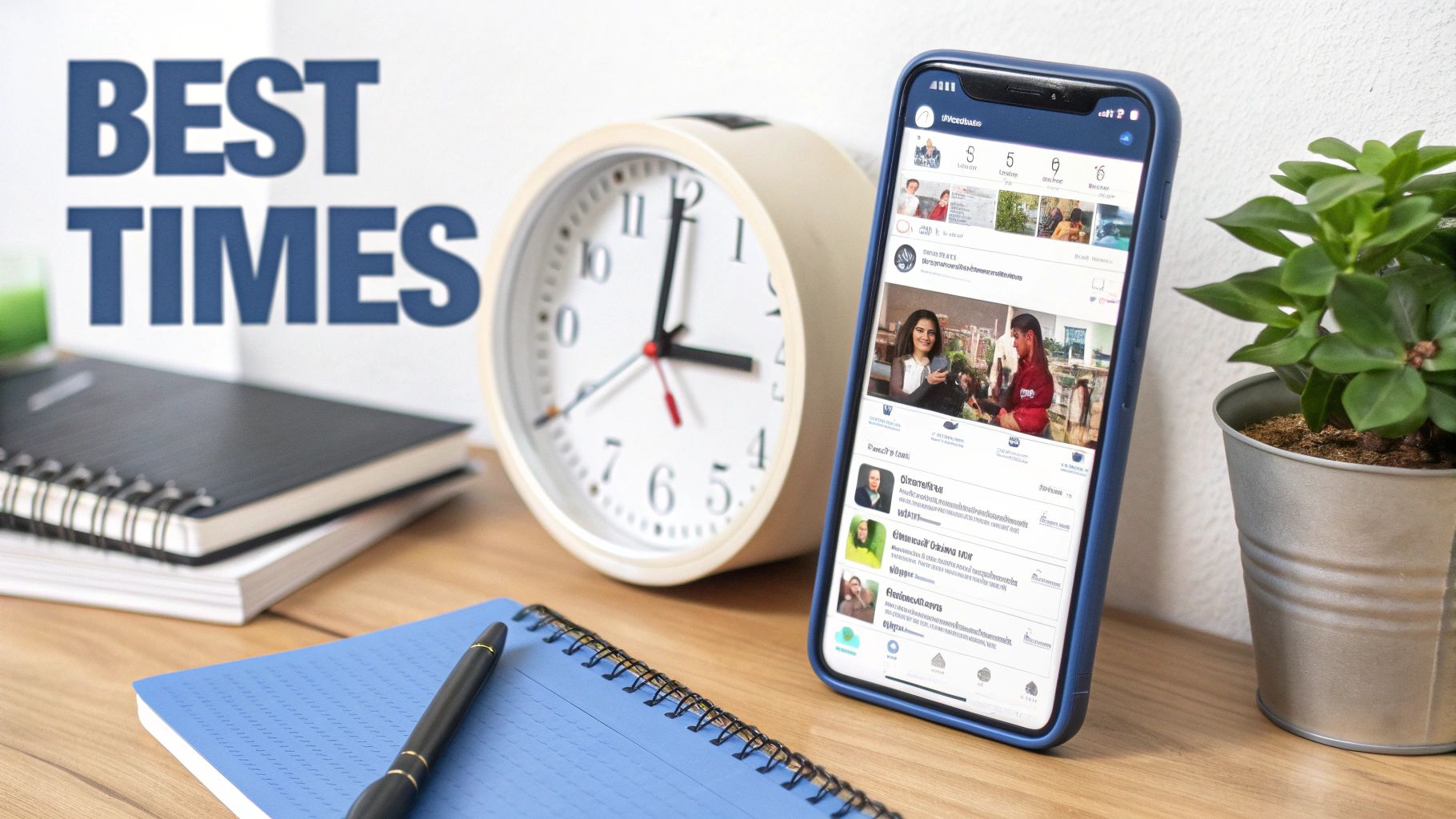 A workspace with notebooks, an alarm clock, and a smartphone displaying a social media feed.