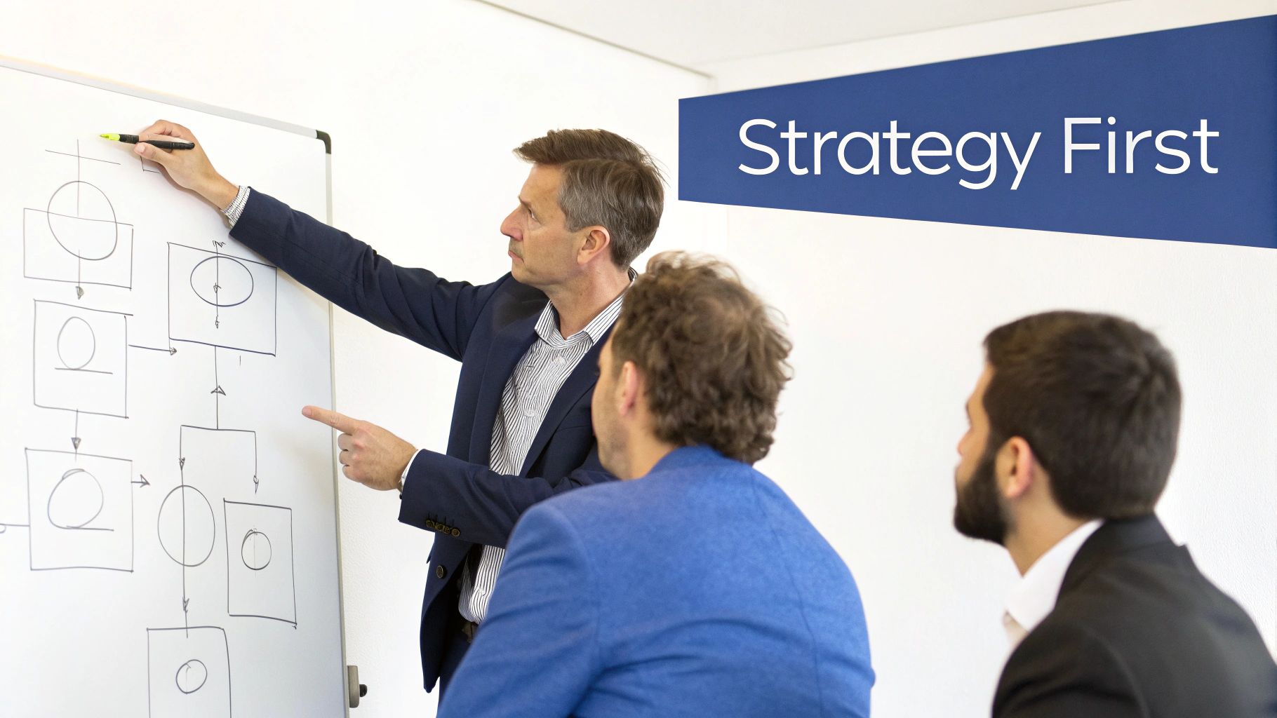 Three professionals analyze a strategy flowchart on a whiteboard during a business meeting, with 'Strategy First' banner.