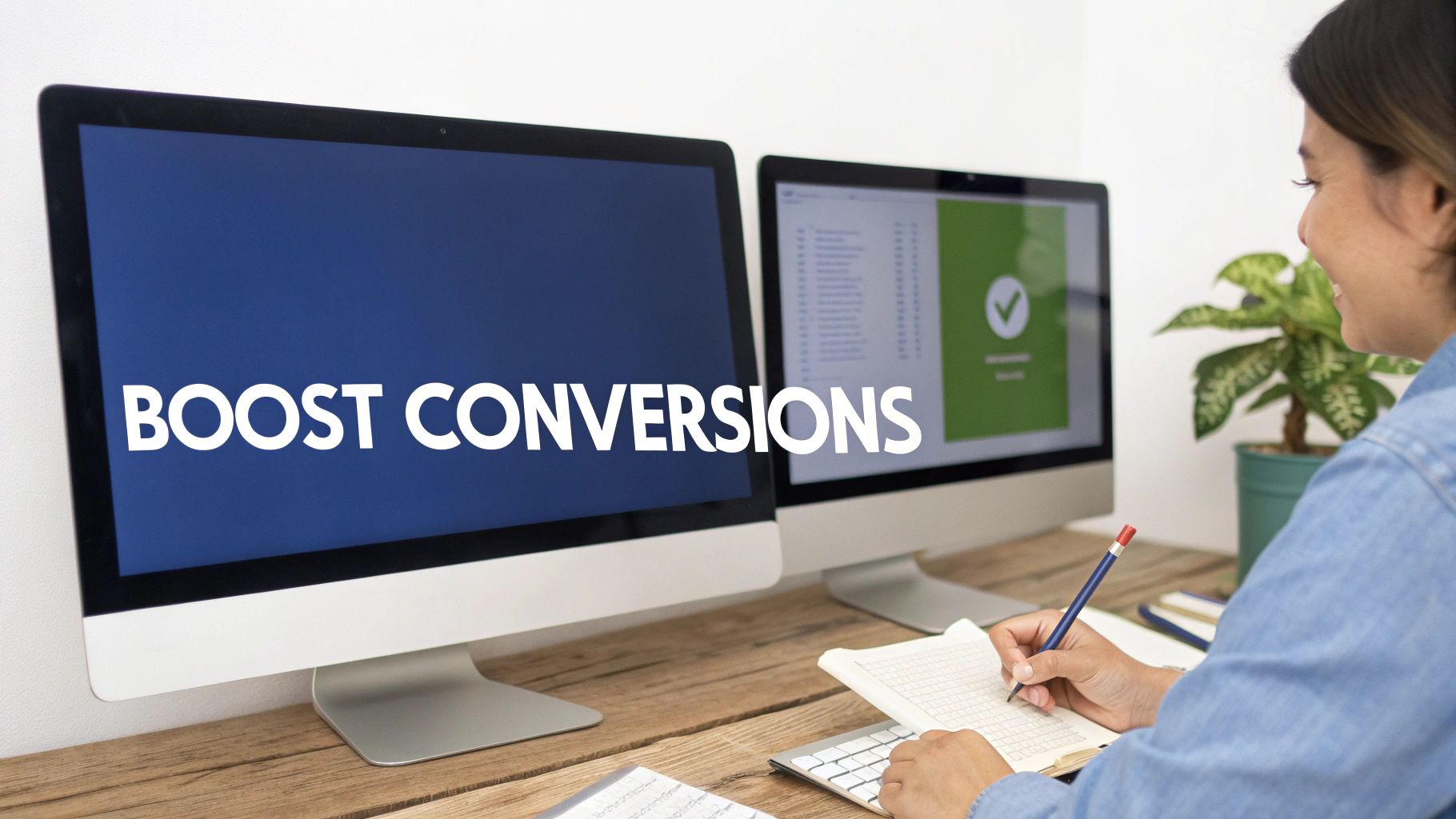 A smiling person writes notes at a desk with two monitors displaying 'BOOST CONVERSIONS' and a success checkmark.