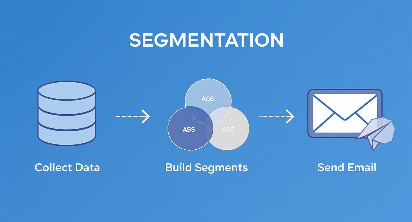 Infographic showing a 3-step process: Collect Data, Build Segments, and Send Email, representing the database email marketing flow.