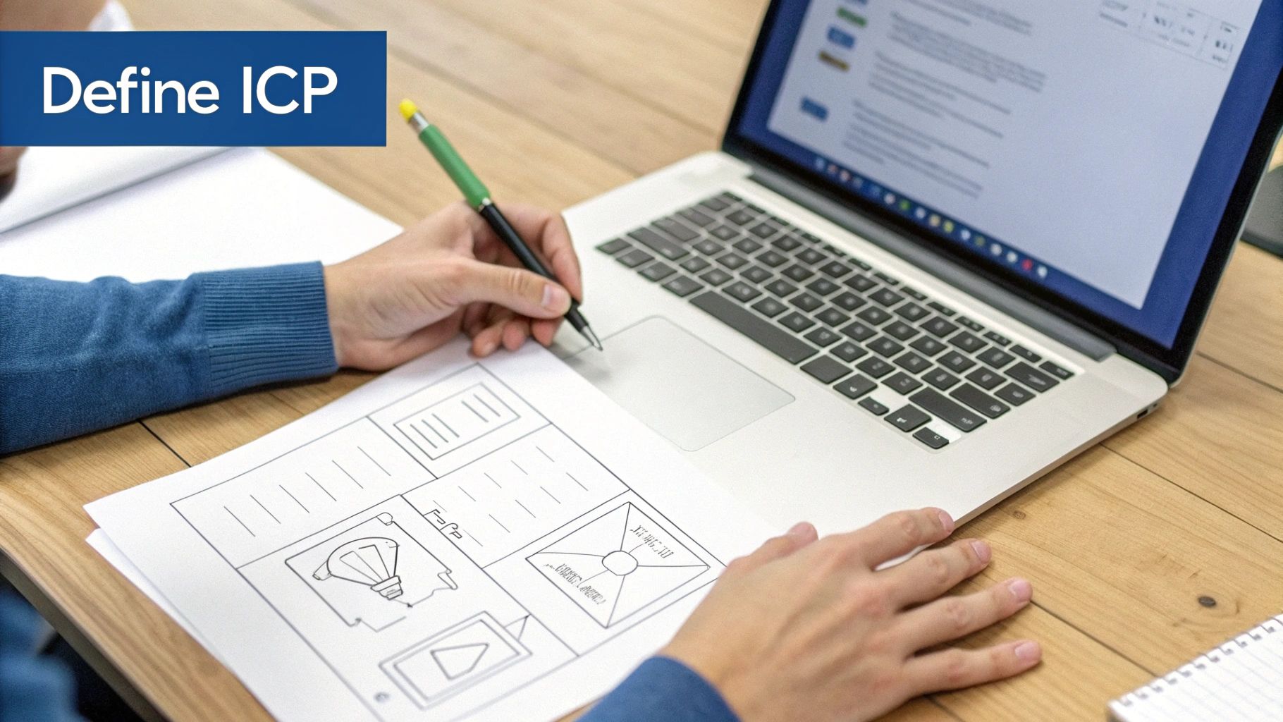 Person sketching a business plan and wireframes on paper next to a laptop, with 'Define ICP' text.