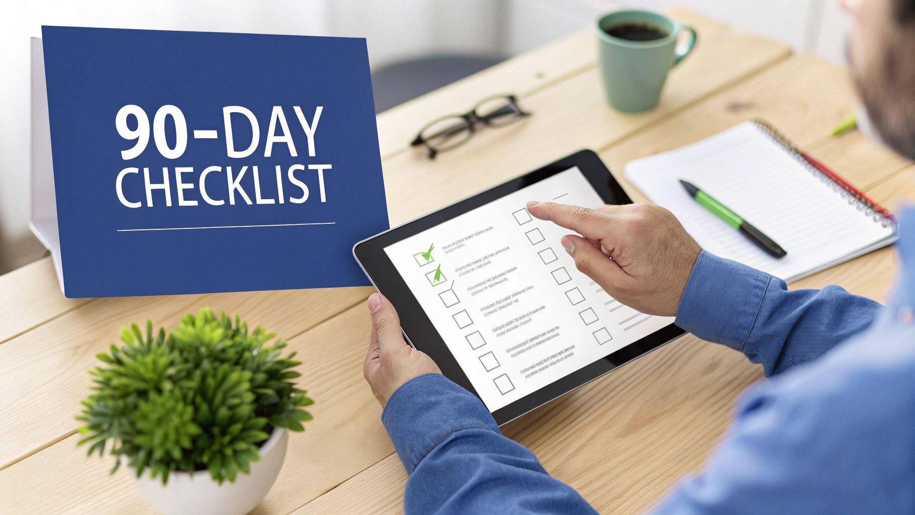 Person's hands using a tablet to check off items on a digital 90-day checklist, on a wooden desk.