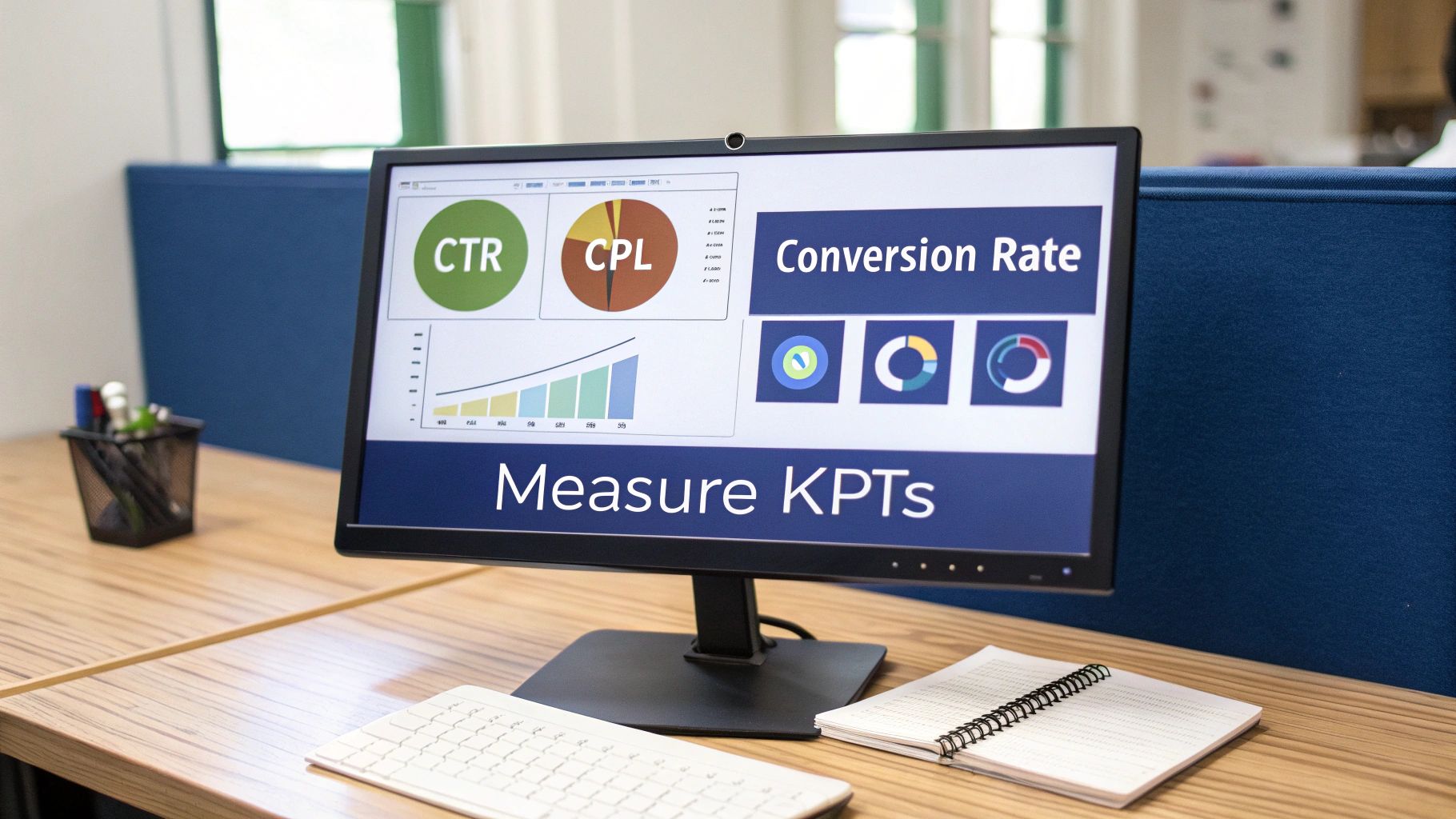 A desk with a computer monitor displaying business analytics charts, including CTR, CPL, and Conversion Rate.