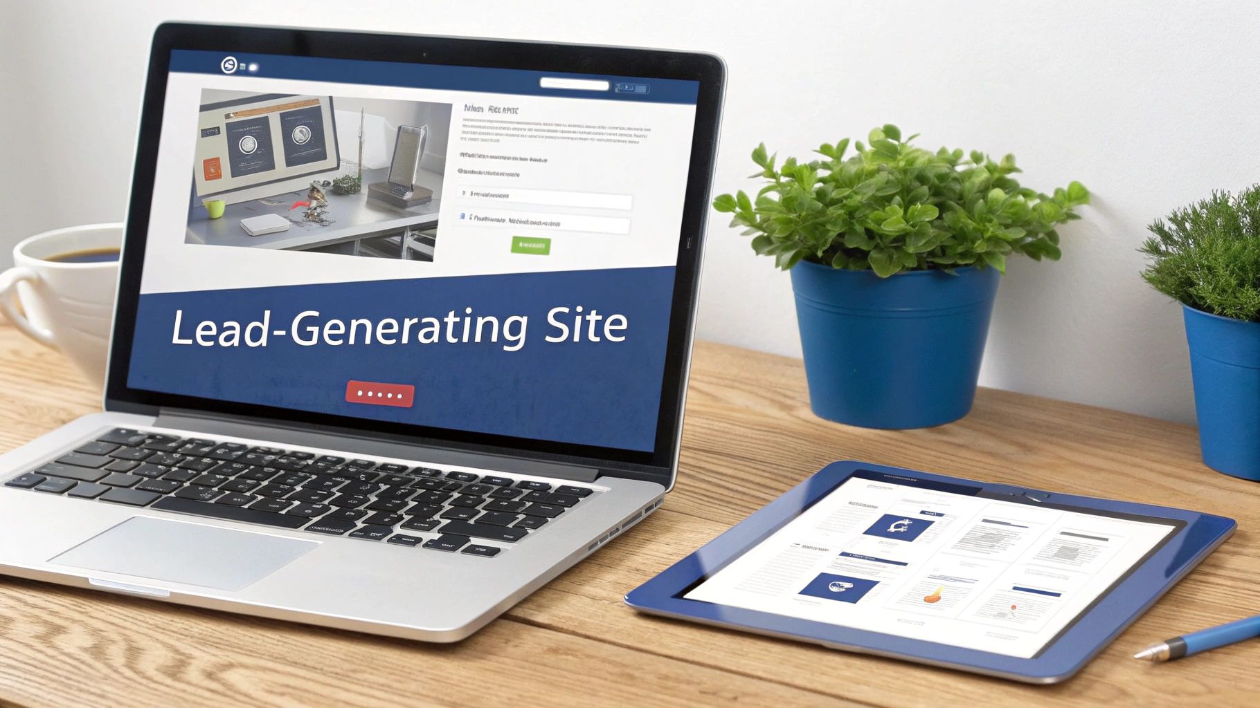Laptop and tablet displaying a lead-generating site and digital marketing content on a wooden desk.