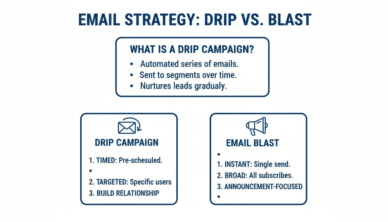 Infographic comparing email drip campaigns and email blasts, detailing their characteristics and strategic differences for marketing.