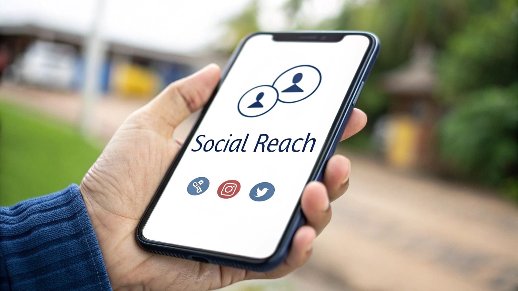 A hand holds a smartphone displaying "Social Reach" with social media icons on its screen.