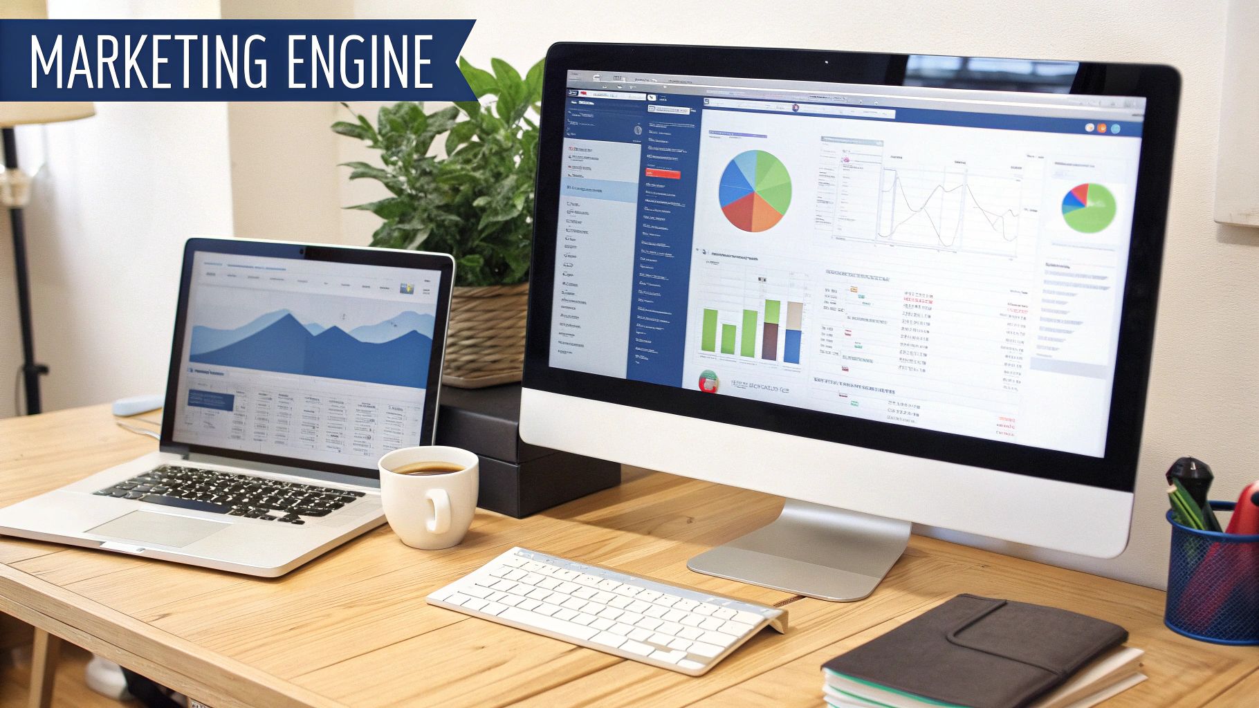 A desk setup featuring a laptop and a large monitor displaying marketing analytics dashboards, with a coffee cup.