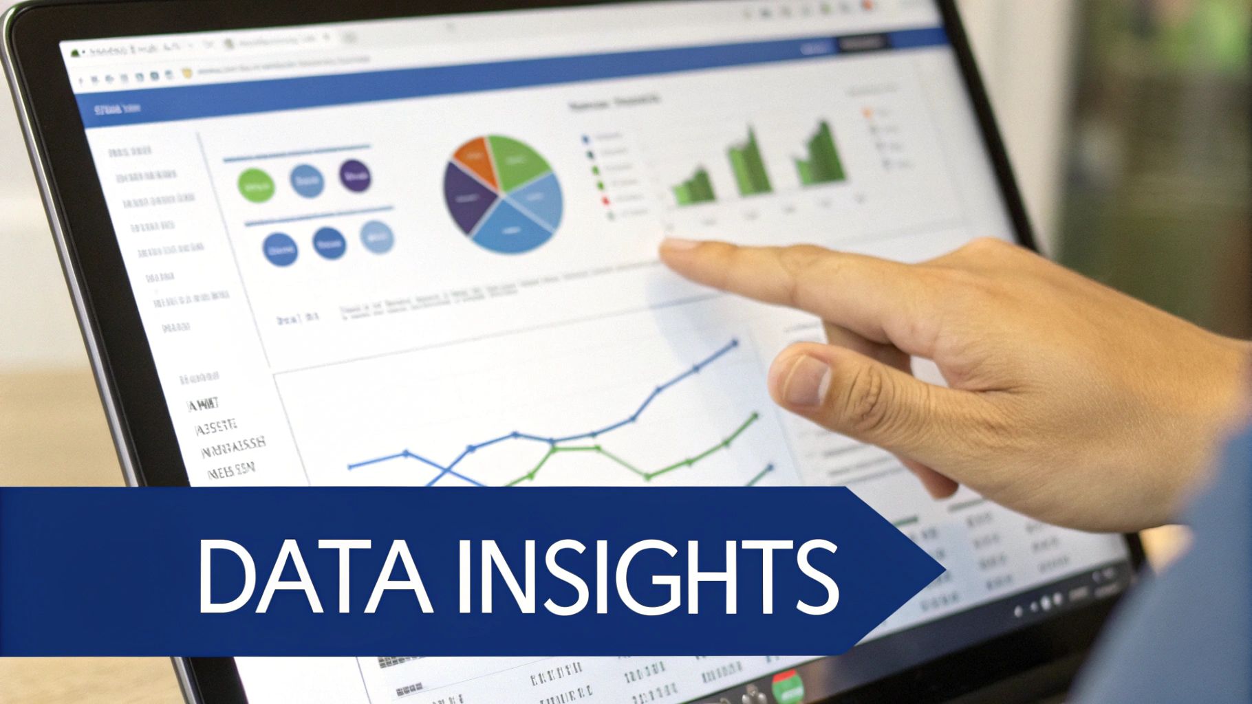 A hand points to a laptop screen displaying various data charts and graphs, with 'DATA INSIGHTS' text.
