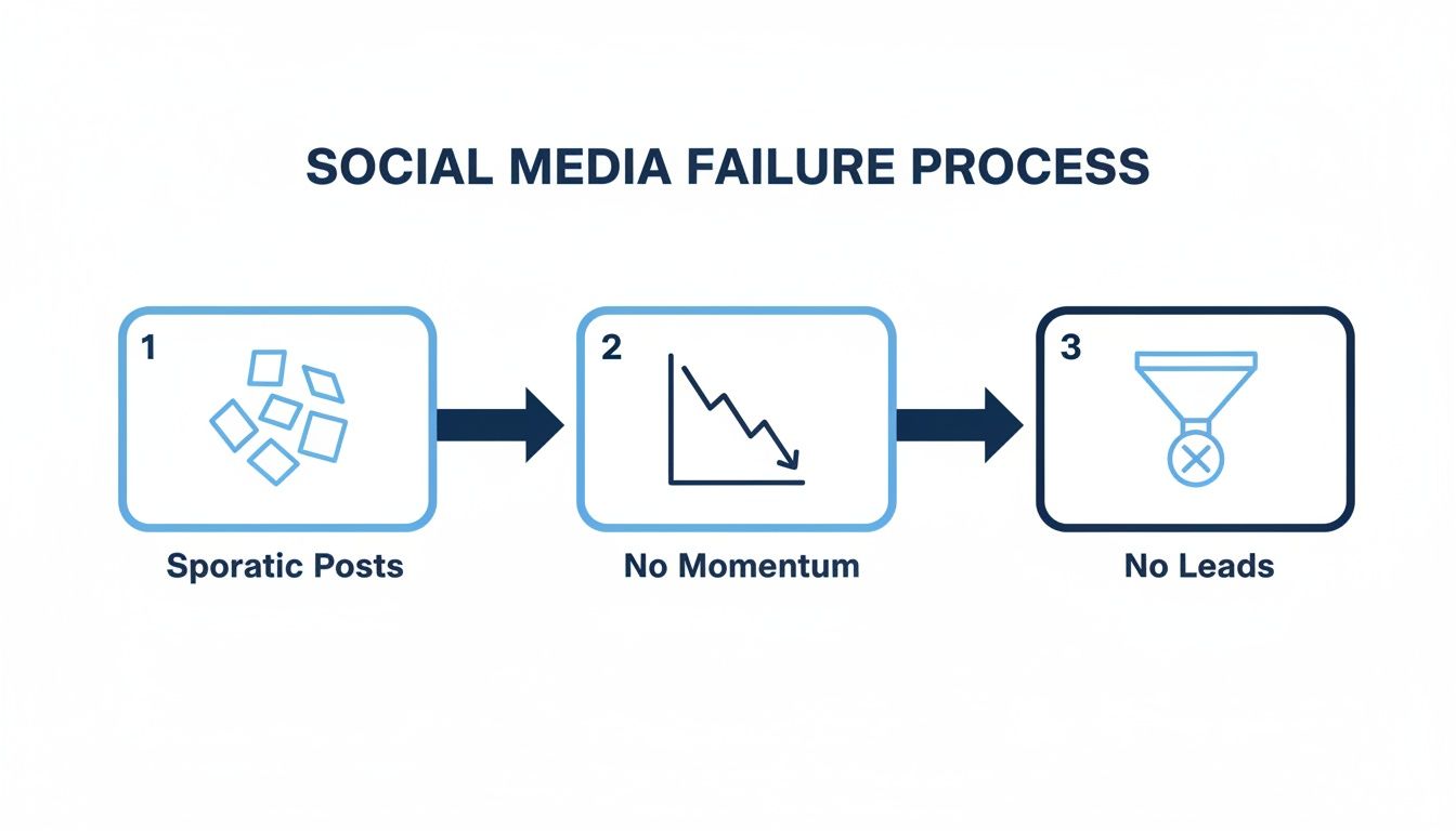 A diagram illustrates the social media failure process: sporadic posts, leading to no momentum, and ultimately no leads.
