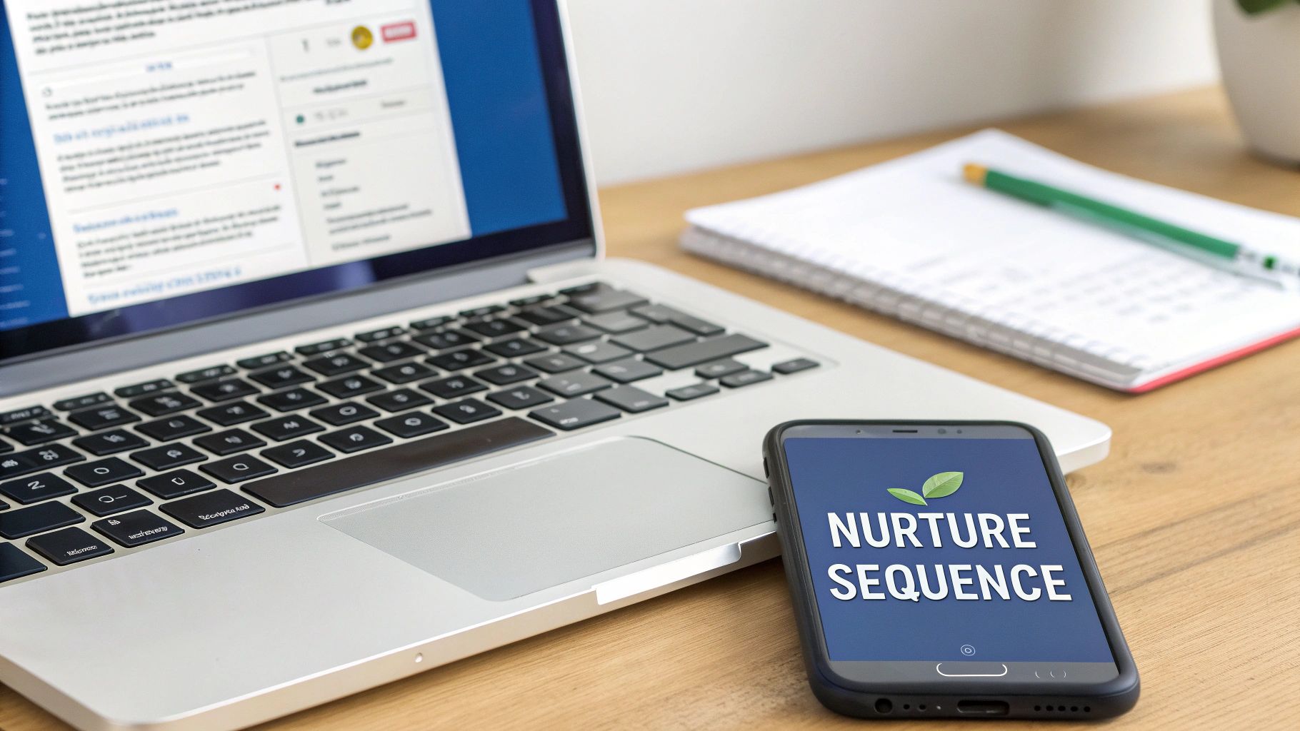 Marketing automation for B2B nurture sequence showing automated lead nurturing on laptop and mobile device