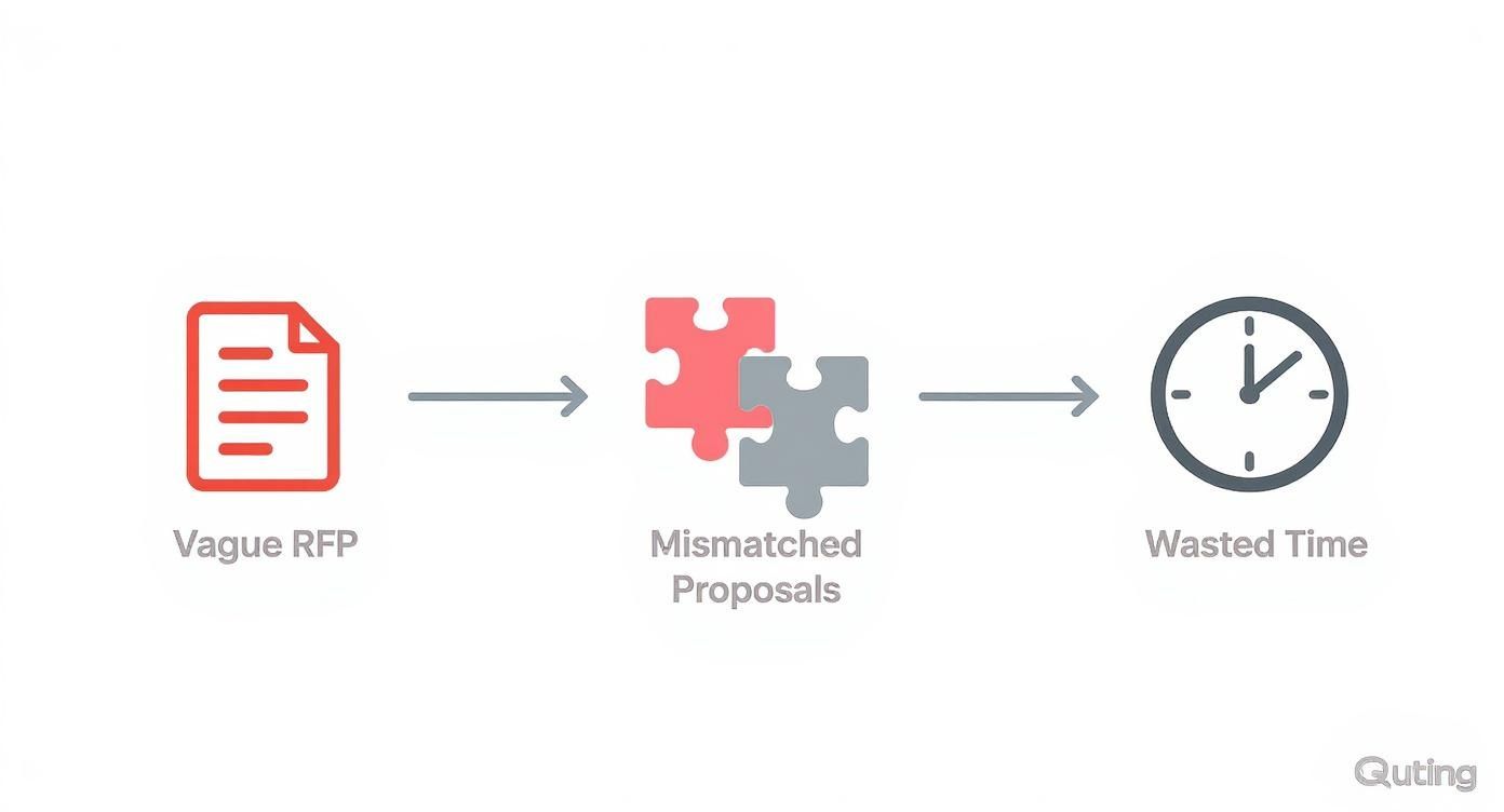 Flowchart illustrating how vague RFPs cause mismatched proposals and significant wasted time.