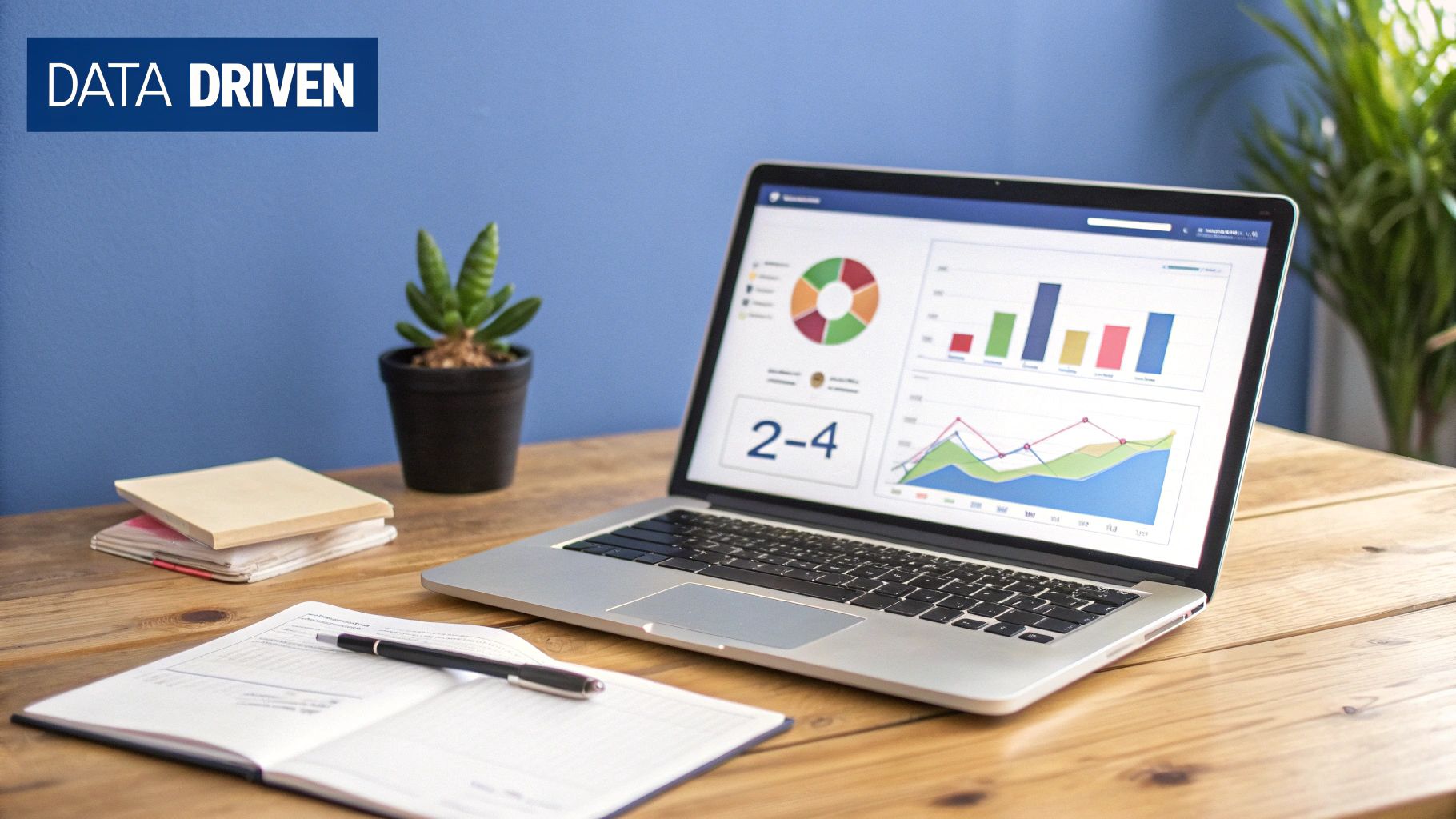 Laptop displaying colorful data analytics dashboard with charts and graphs on wooden desk