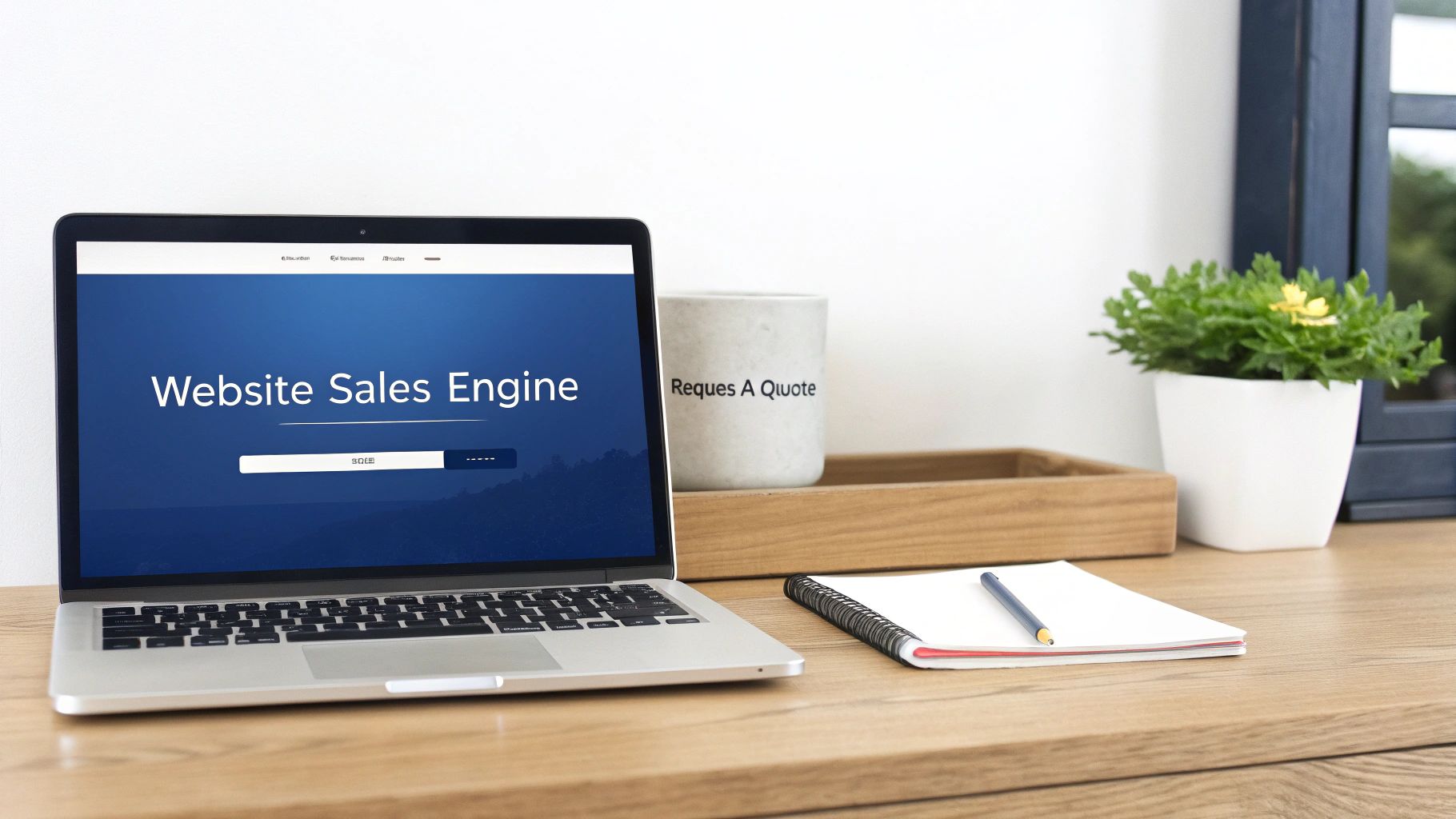 A clean, modern manufacturing website on a laptop, surrounded by gears and blueprints, representing a sales-focused site.