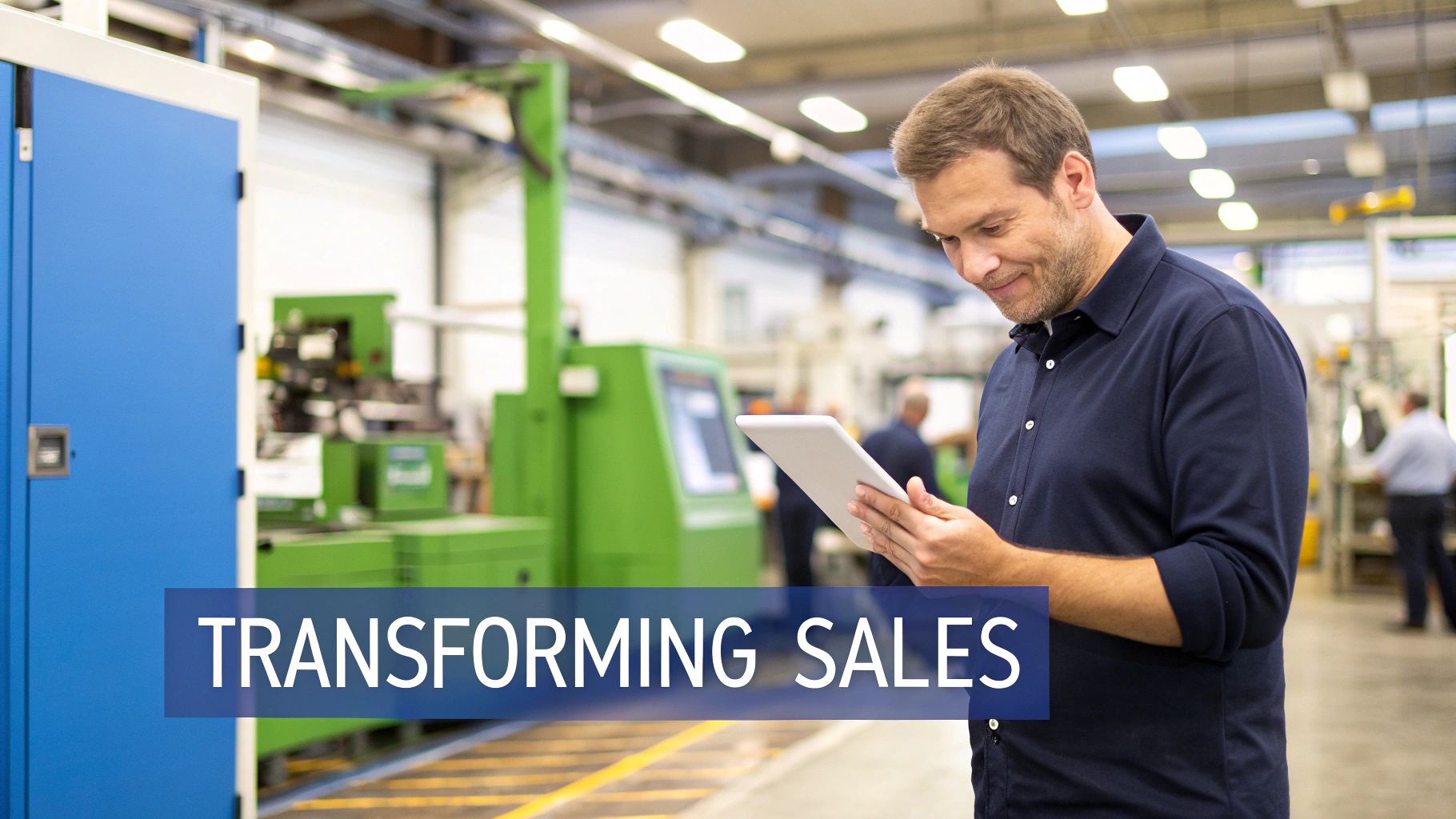 A smiling man uses a tablet in a modern factory setting, with 'TRANSFORMING SALES' overlay.