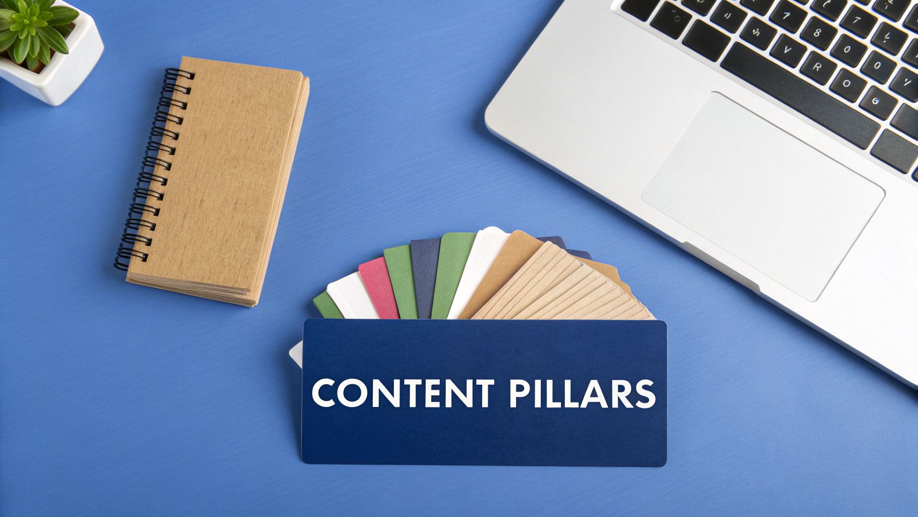 Blue desk flat lay with laptop, notebook, plant, and 'CONTENT PILLARS' card with colorful content cards.