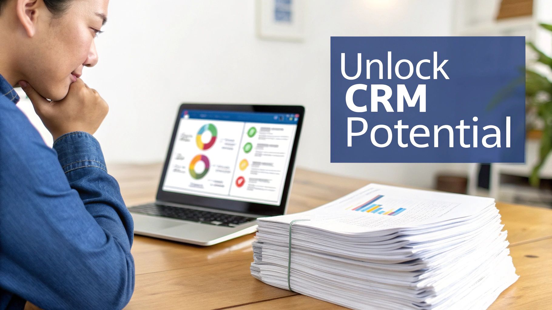 Person studies CRM data on a laptop and documents, advocating to 'Unlock CRM Potential'.