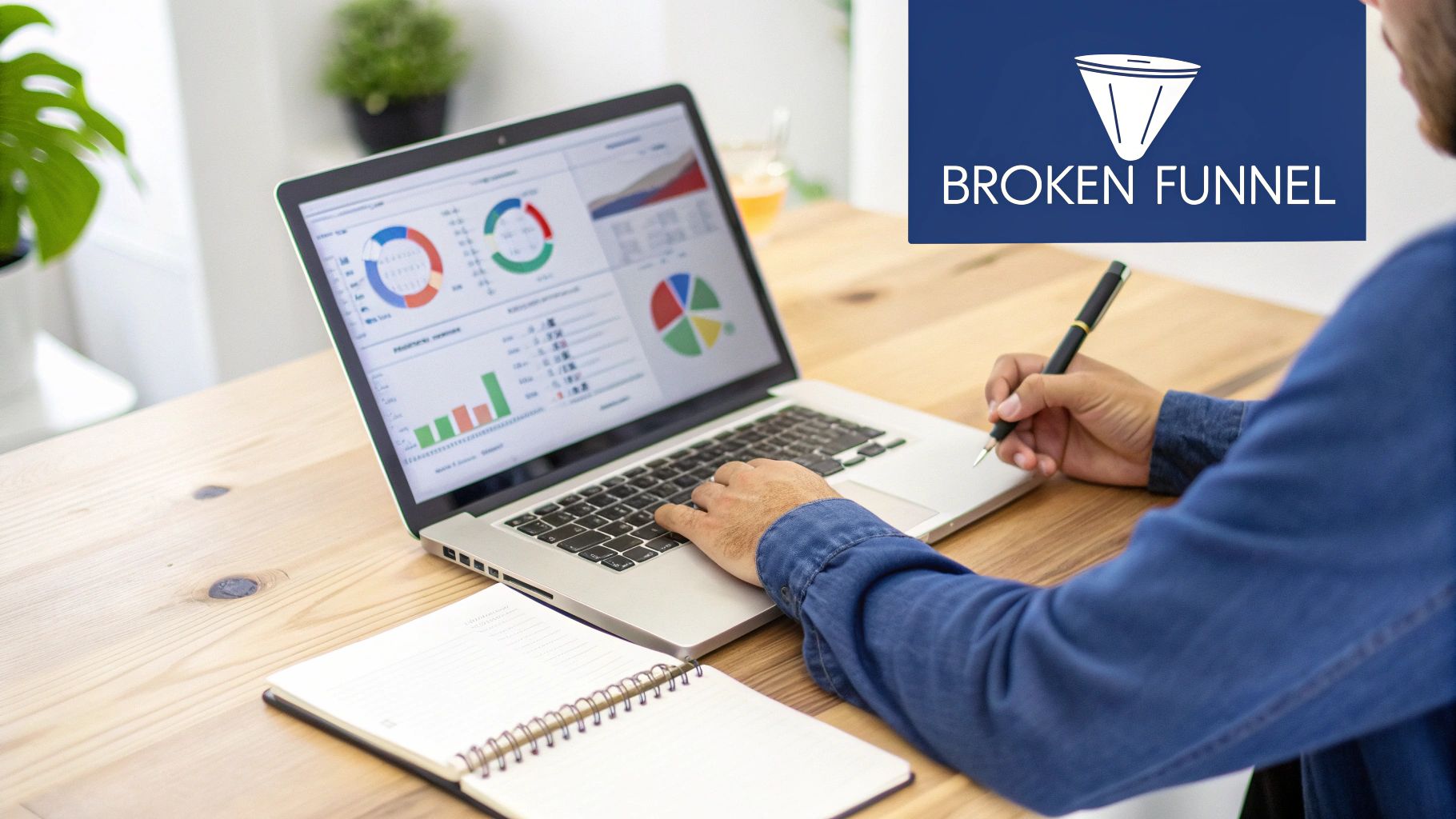 A person analyzes sales funnel data and graphs on a laptop screen with an open notebook.