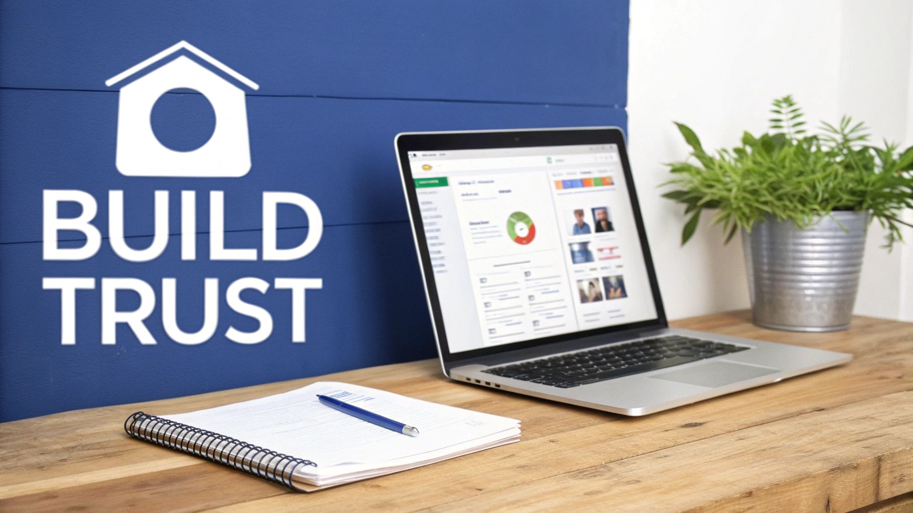 A business workspace with a laptop showing data, a notebook, and a plant, next to a "BUILD TRUST" sign.
