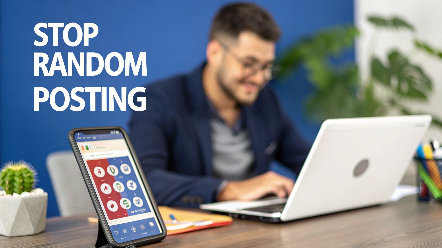 Professional using a laptop and smartphone, with 'STOP RANDOM POSTING' text for social media strategy.