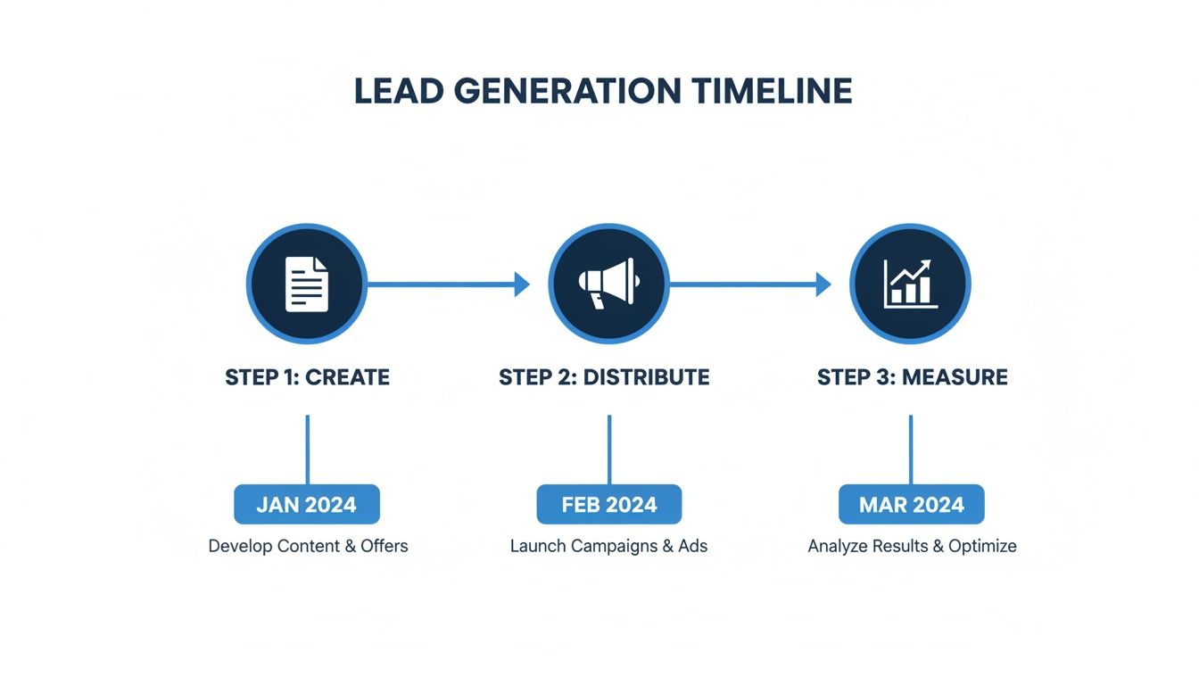 manufacturing marketing strategy in A lead generation timeline illustrating three key steps: Create, Distribute, and Measure, across Jan-Mar 2024.