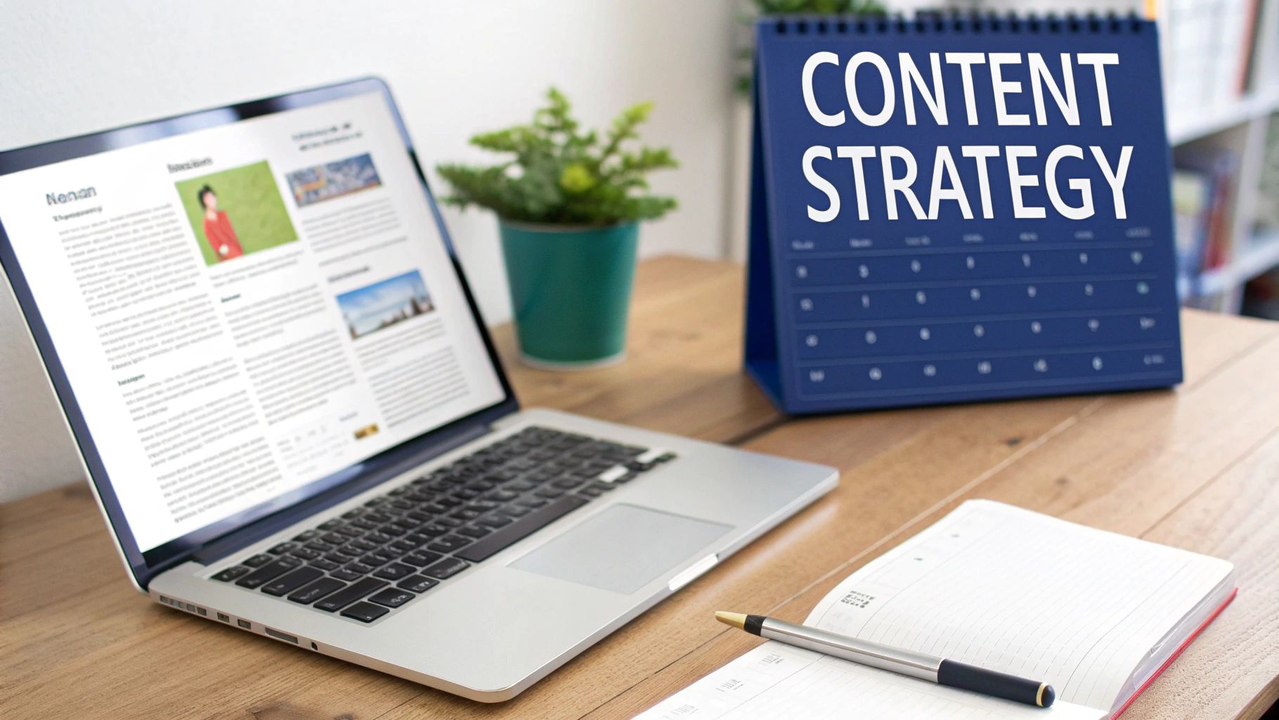 Laptop displaying content on a desk next to a 'Content Strategy' calendar and notebook.