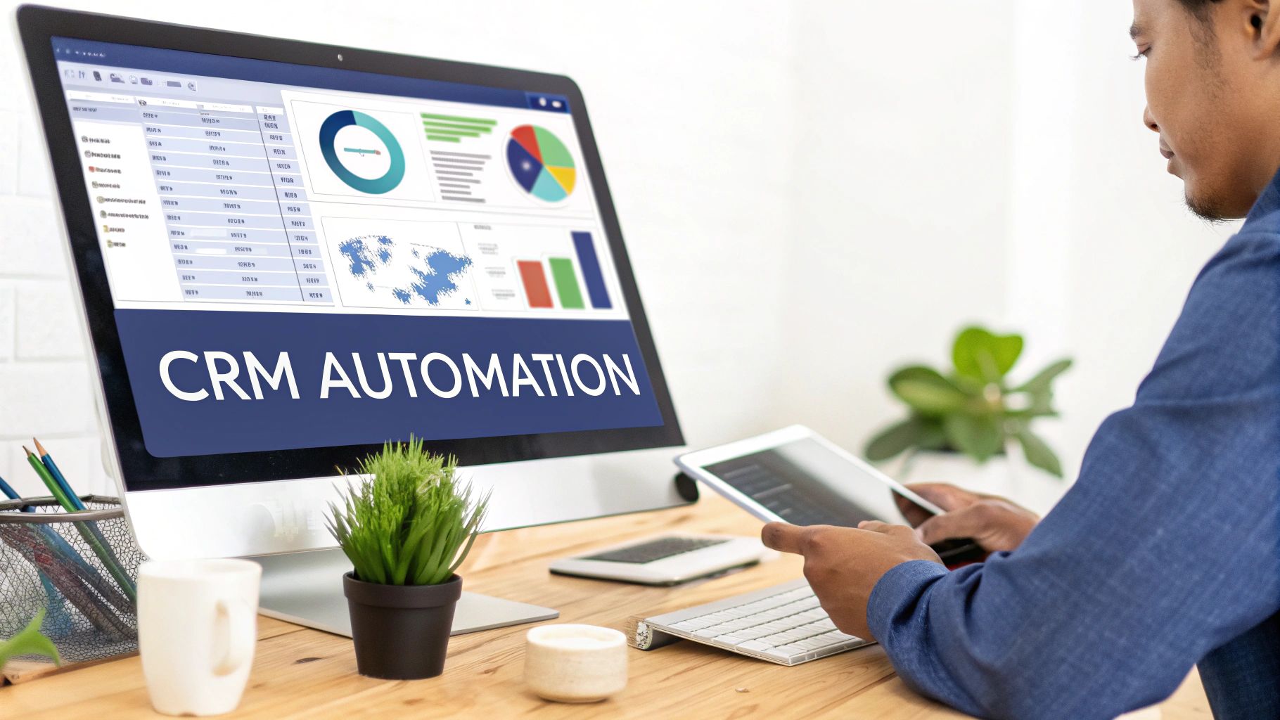 Man working on a computer displaying CRM automation data and using a tablet at a modern office desk.