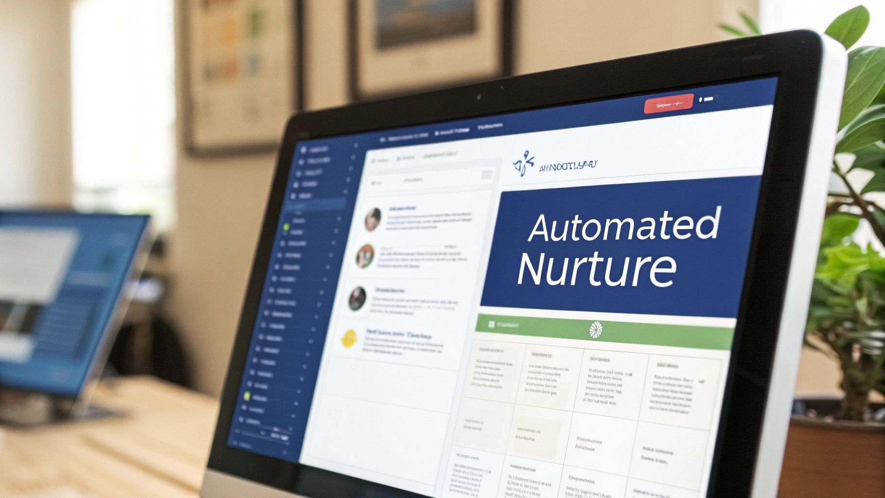 Laptop screen showing an 'Automated Nurture' feature on a marketing platform with user profiles.