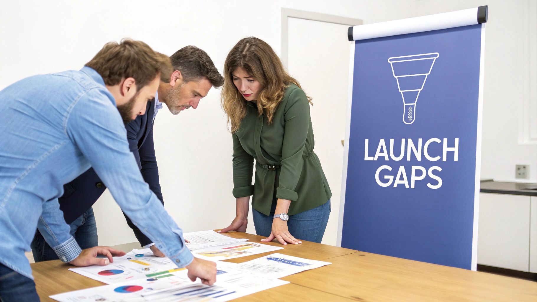 Three professionals reviewing data and charts on a table, next to a 'LAUNCH GAPS' banner.