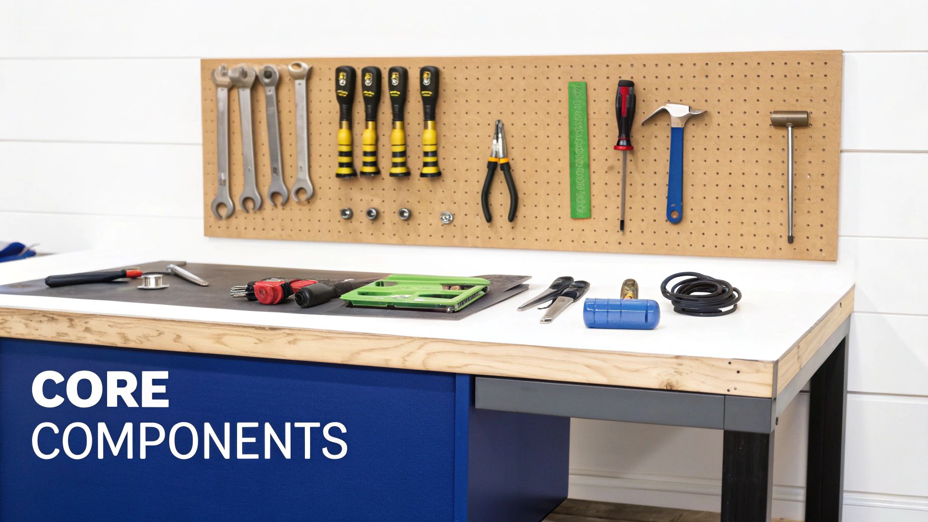 A well-organized workbench with various tools on a pegboard and laid out on the surface, ready for use.