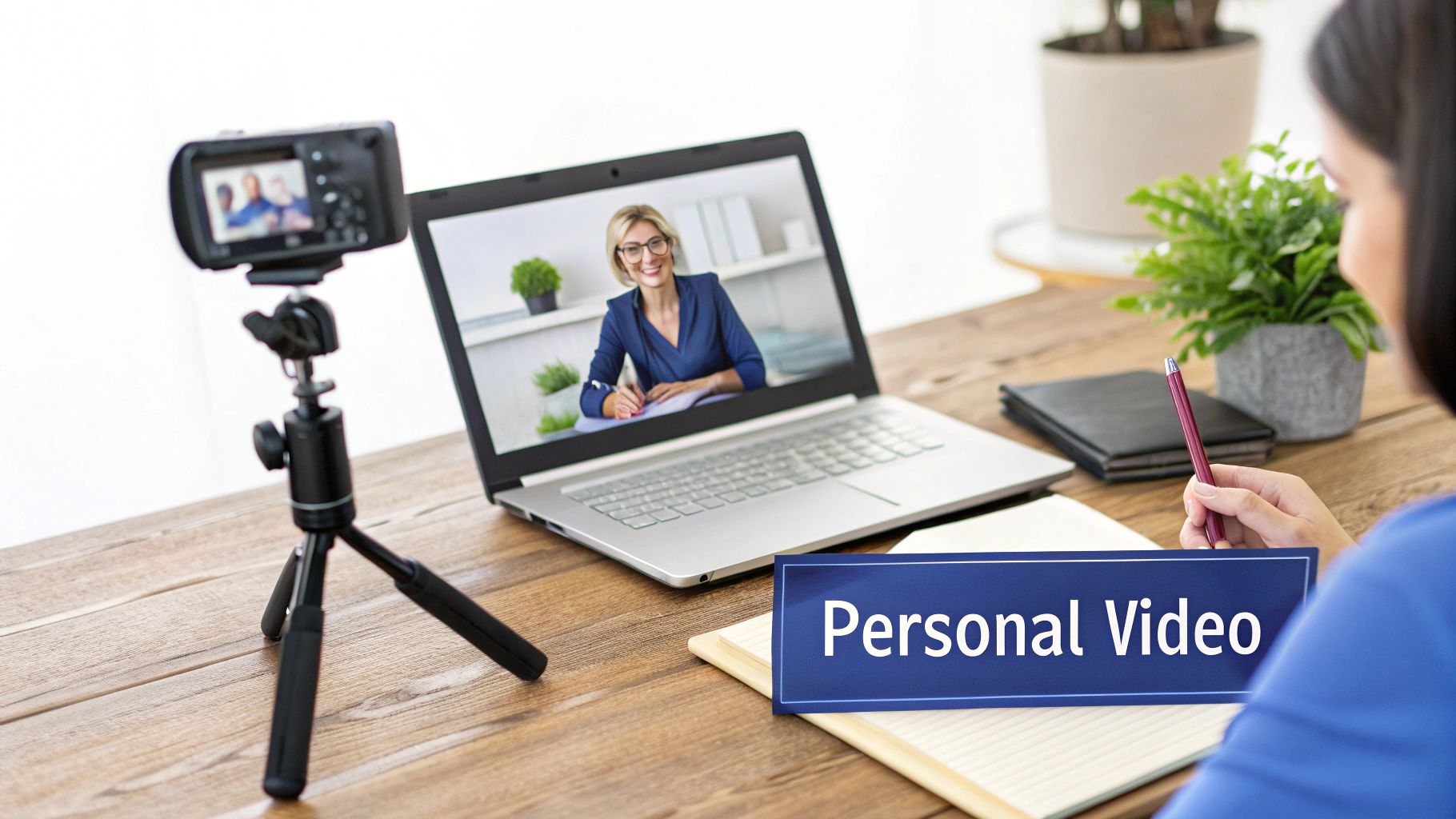 A person watches a personal video on a laptop, taking notes, with a camera on a tripod.