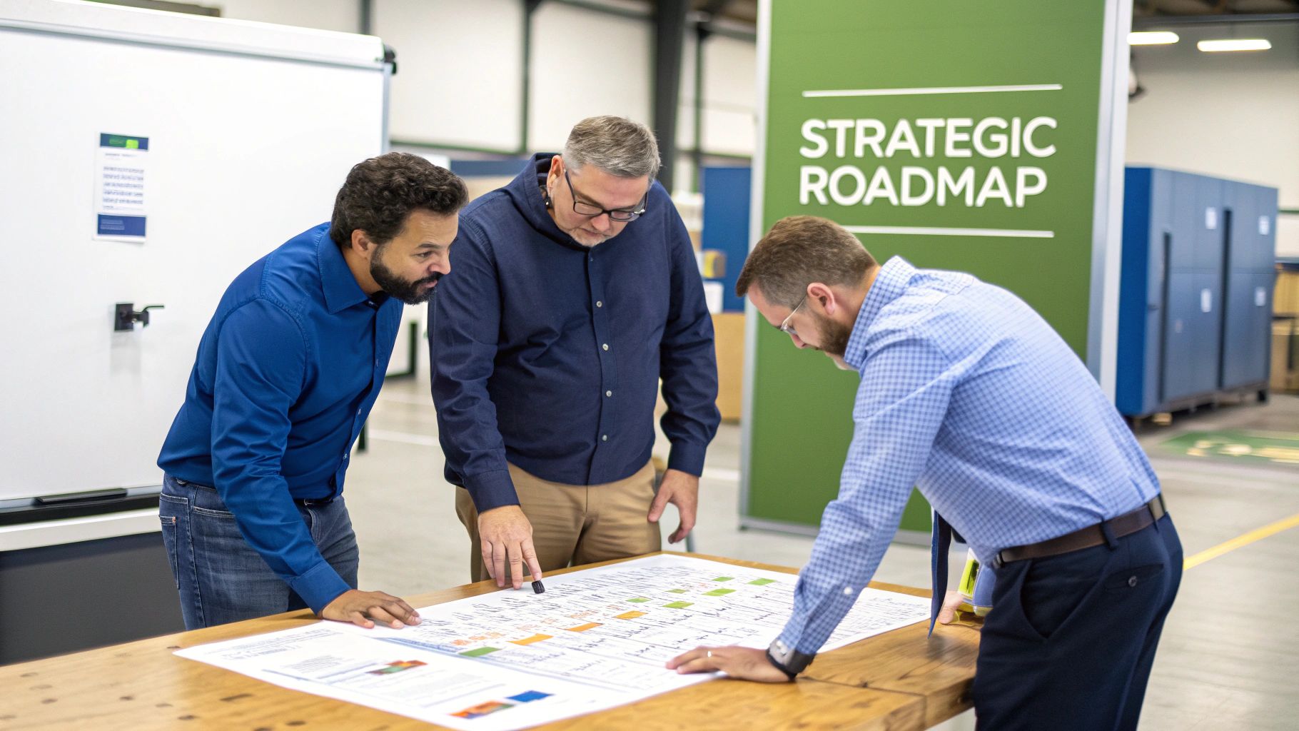Three men discussing a strategic roadmap document laid out on a table in an office setting.