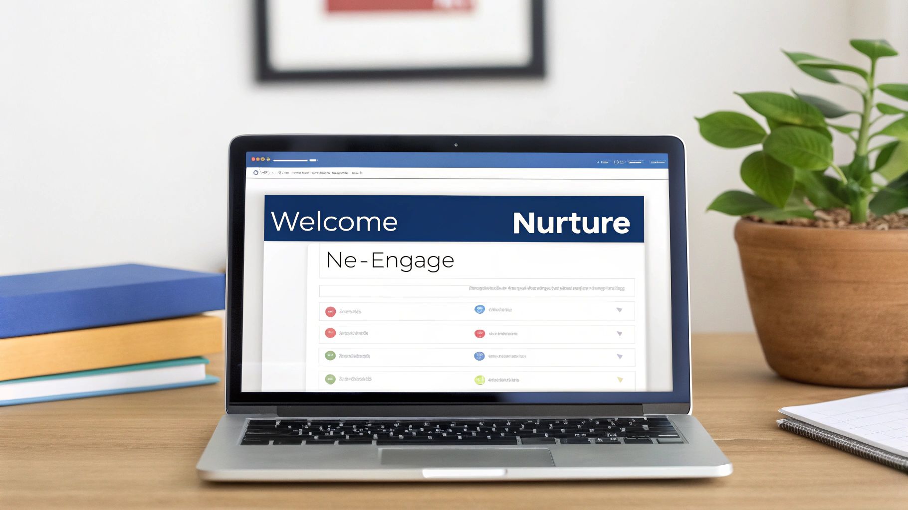 Laptop on a wooden desk displaying 'Welcome Nurture Ne-Engage' software, with books and a plant.