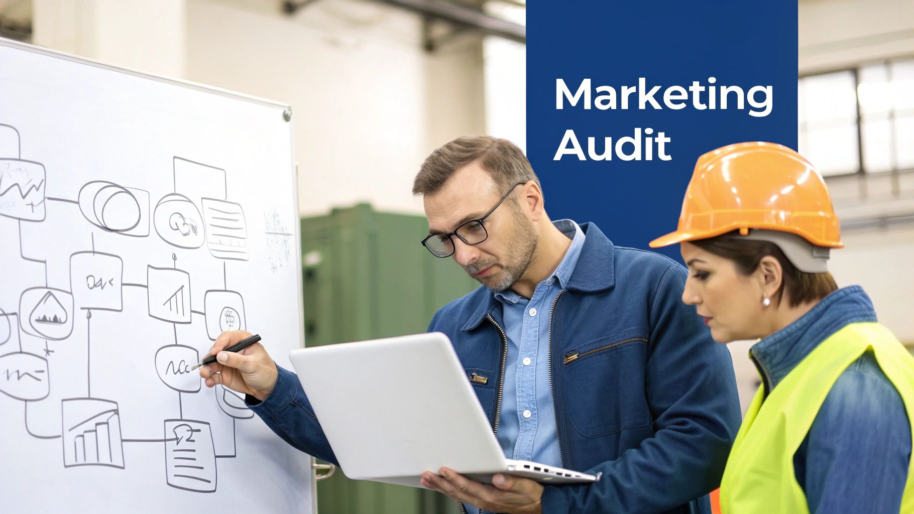 An engineer examining a blueprint in a modern industrial setting