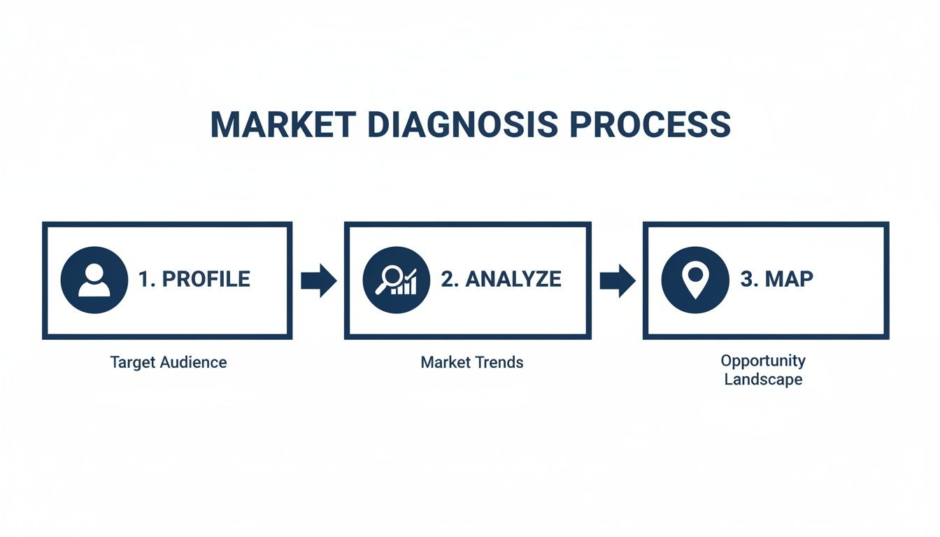 Diagram illustrating the market diagnosis process including profiling target audience, analyzing trends, and mapping opportunities.