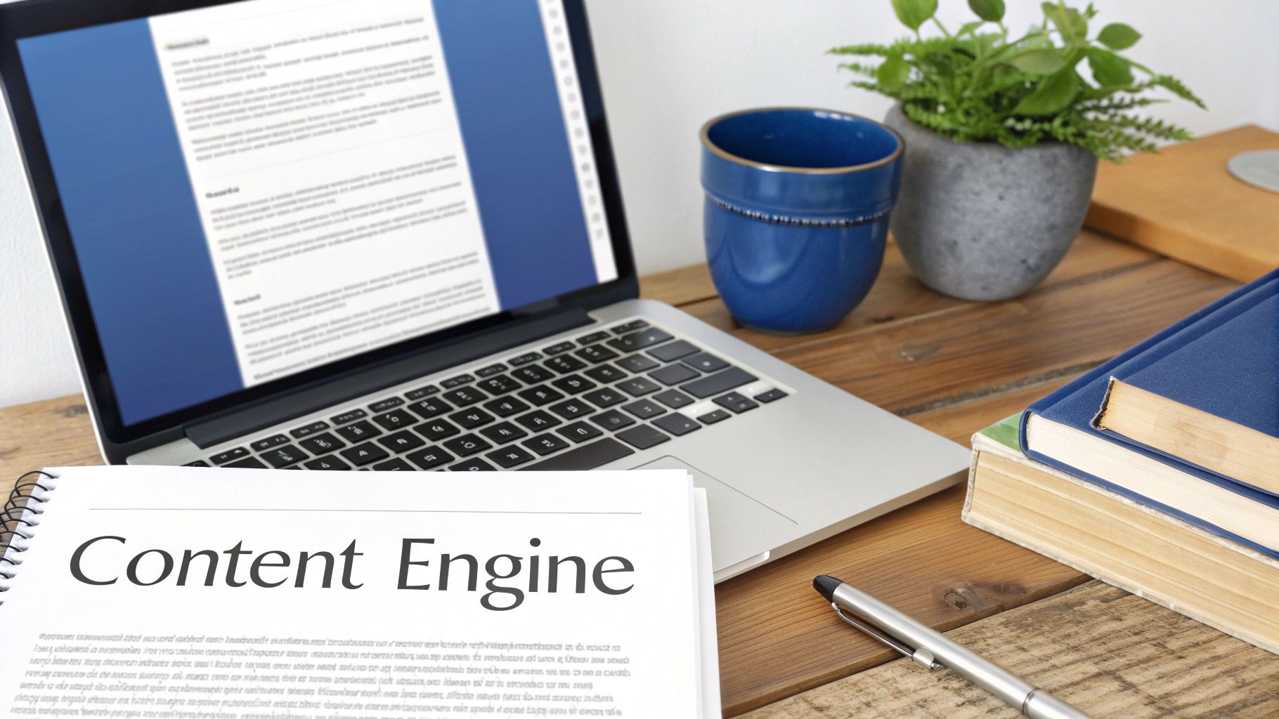 Close-up of a modern workspace with a laptop, 'Content Engine' notebook, books, and a plant.
