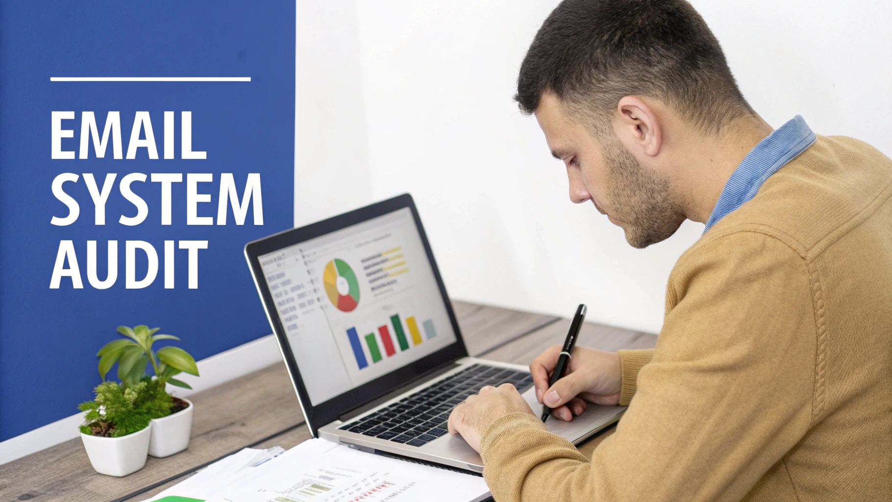 A man performs an email system audit, writing notes while reviewing data on a laptop.