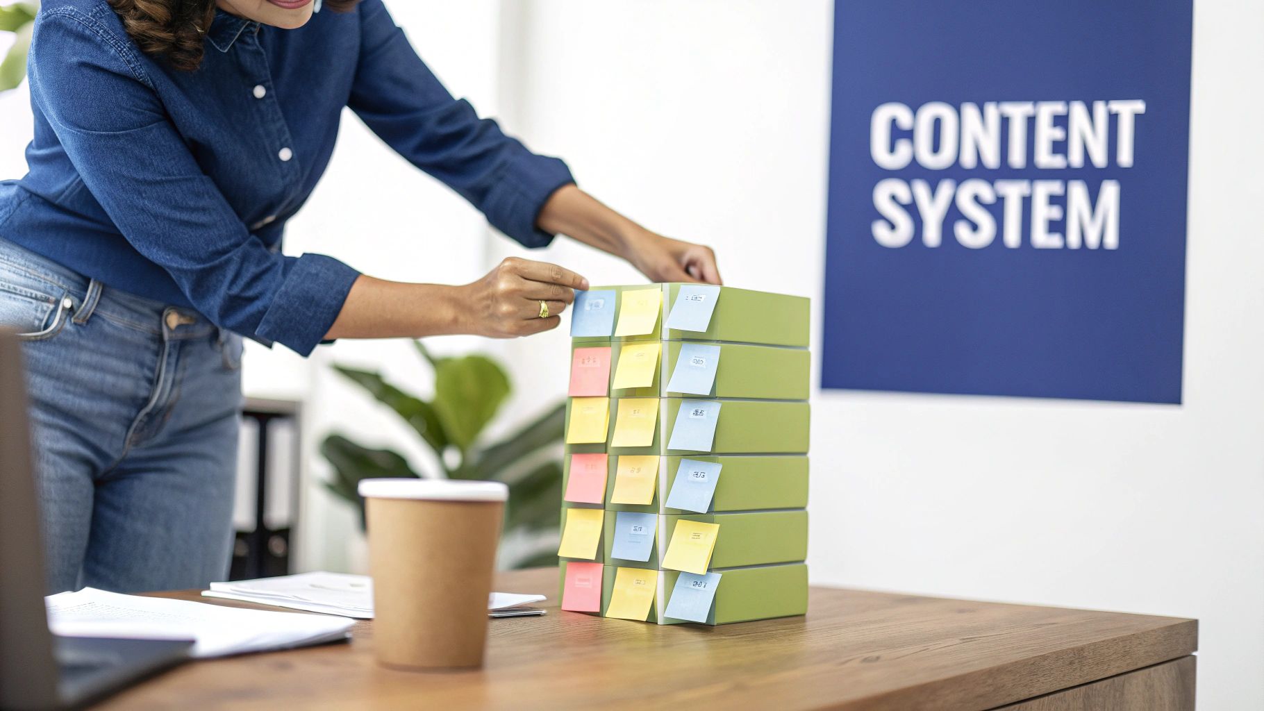 A person organizes a stack of content system boxes with colorful sticky notes.