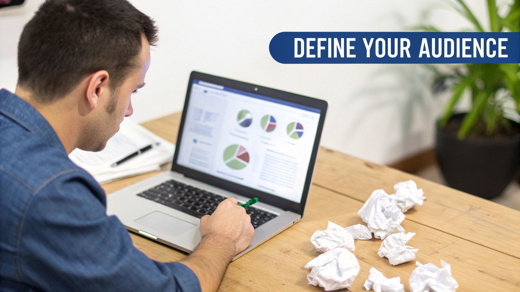 A man in a denim shirt uses a laptop showing charts and graphs, defining his target audience.