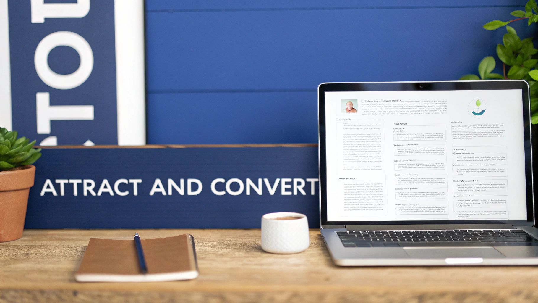 A clean desk setup with a laptop showing a profile, a notebook, coffee, and a marketing sign.
