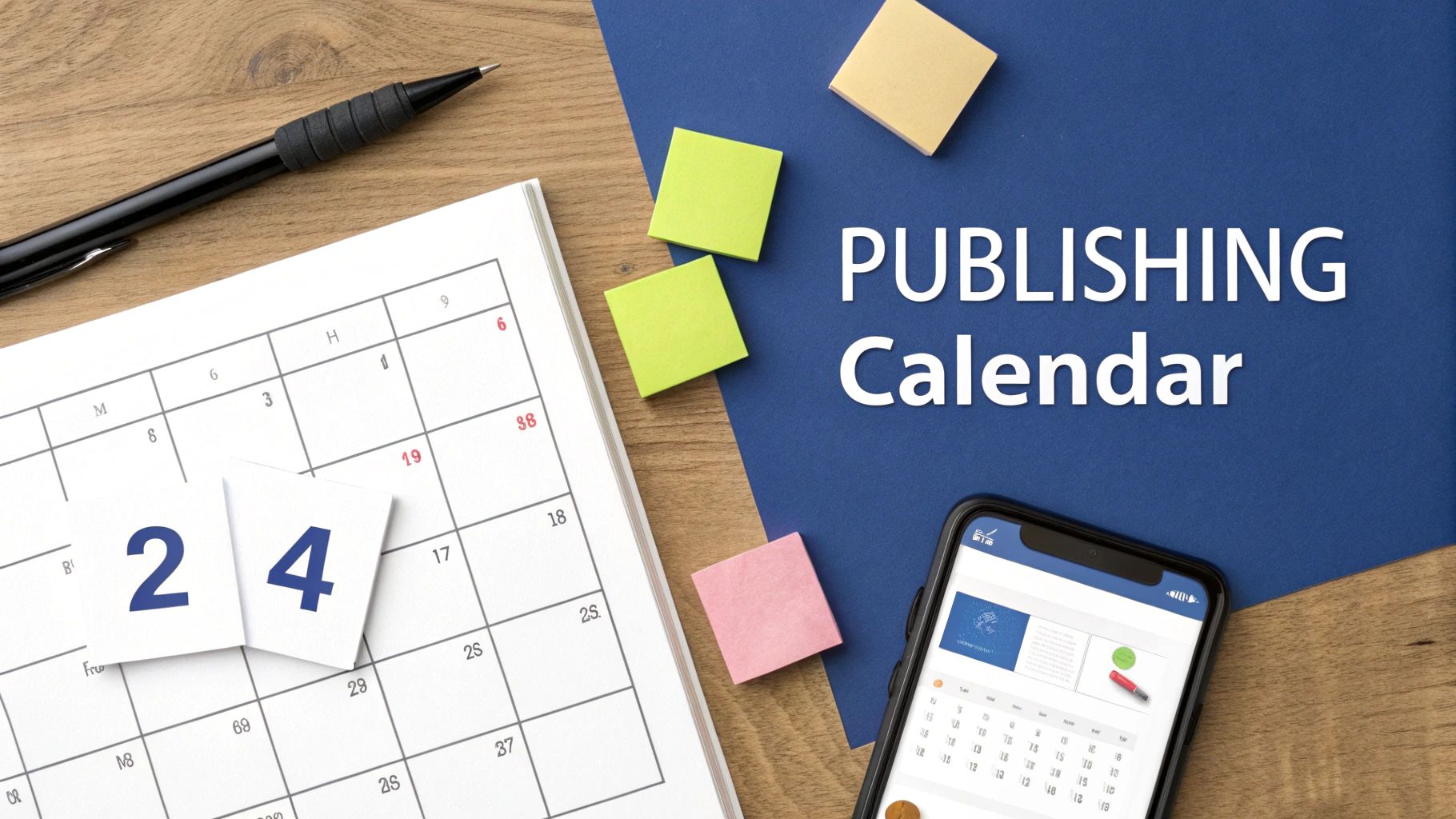 Publishing calendar on desk with smartphone, pen, sticky notes and monthly planner showing date twenty-four