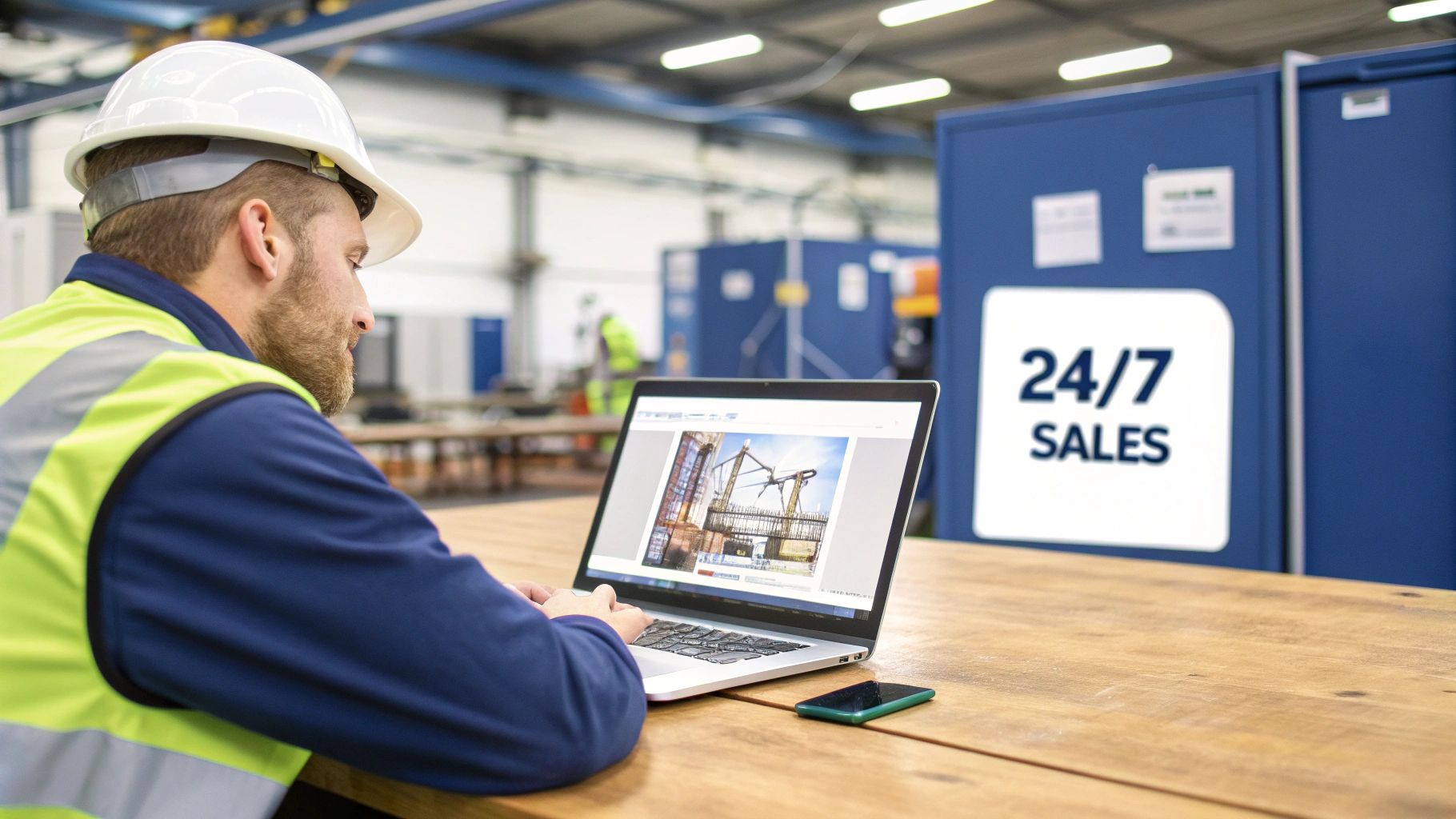 A man in a hard hat and high-vis vest uses a laptop with a construction site image, near a '24/7 SALES' sign.
